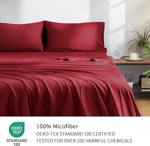 Miniatura 3 de Juego de sábanas de 4 piezas, transpirables y suaves, de microfibra cepillada con bolsillos profundos, fácil cuidado, rojo burdeos