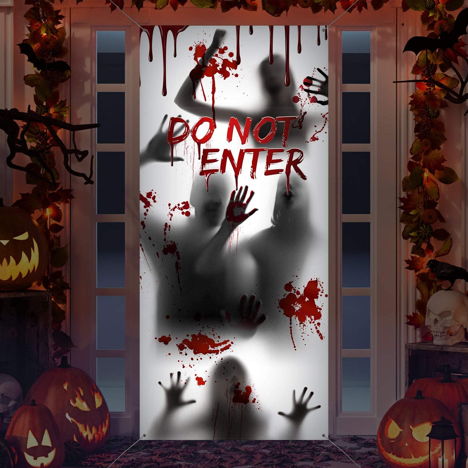 Large Halloween Window Door Cover Fabric Scary Handprint and Shadowy Figure Halloween Props Poster Banner for Spook House Decorations Supplies (Do Not Enter)