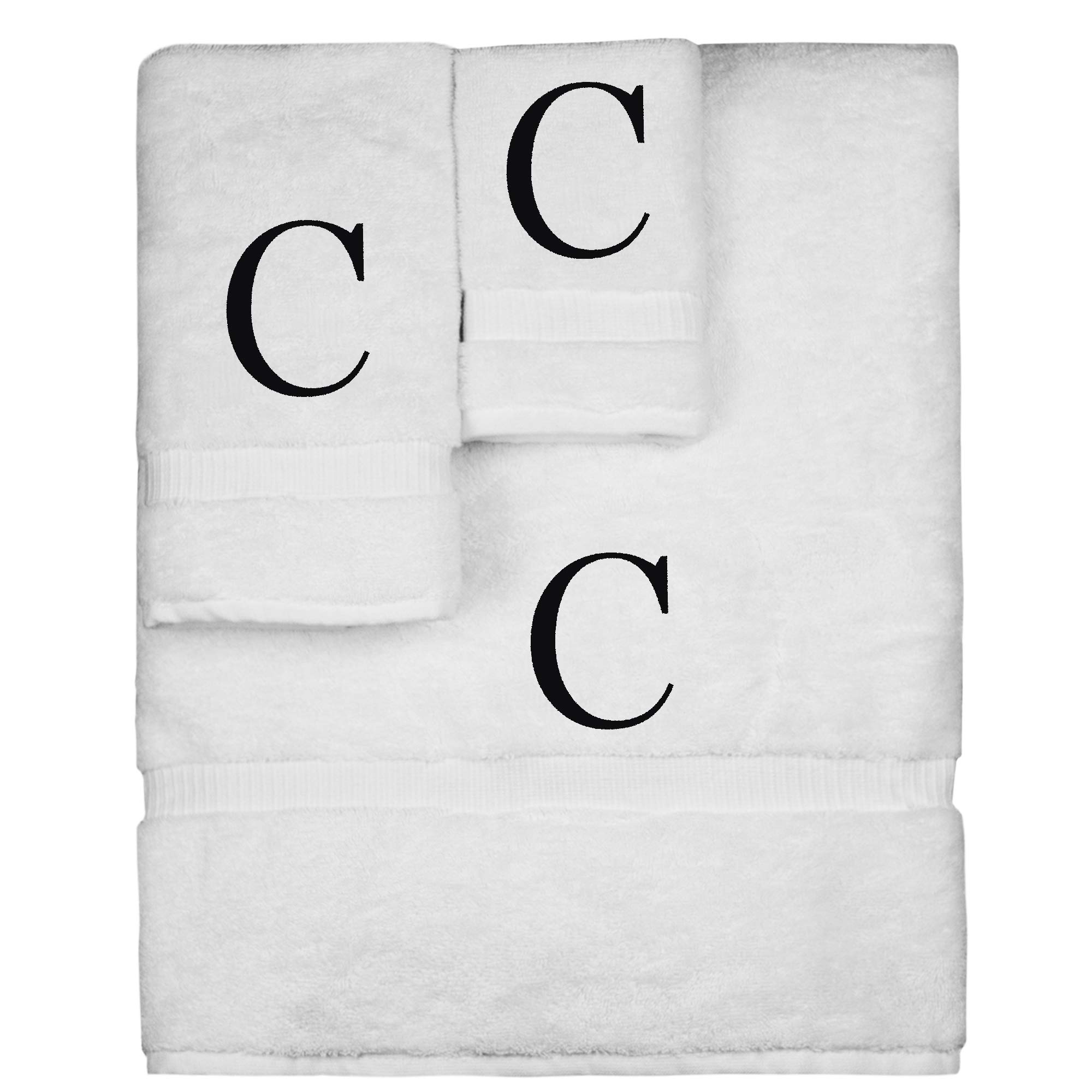 Monogrammed Towel Set Personalized Gift Set of 3- Black Block Letter Embroidered Towel - Extra Absorbent 100 Turkish