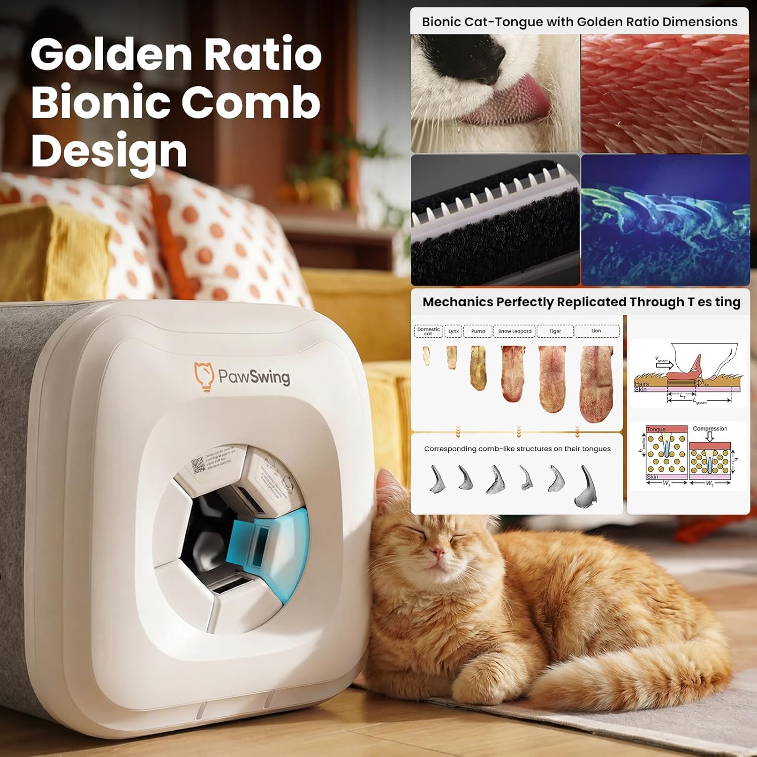 Cepillo automático para gatos de 360°, respetuoso con la piel, con cerdas rodantes, autolimpieza, colector de pelo para control de desprendimiento y bolas de pelo, casa de peluquería inteligente para