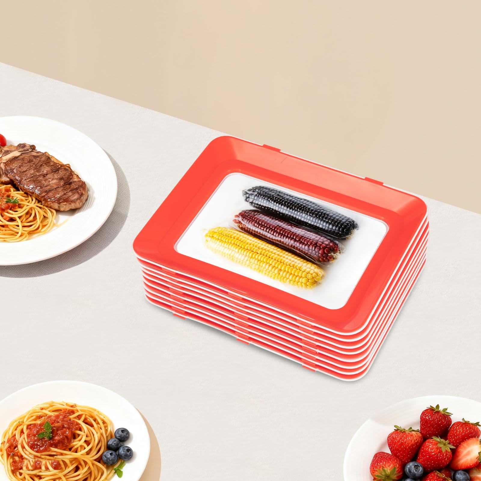 Lot de 5 plateaux de conservation sous vide avec film élastique - Boîte à charcuterie Fresh Plate - Organiseur de réfrigérateur - Rangement de saucisses - Boîtes à charcuterie réutilisables pour la
