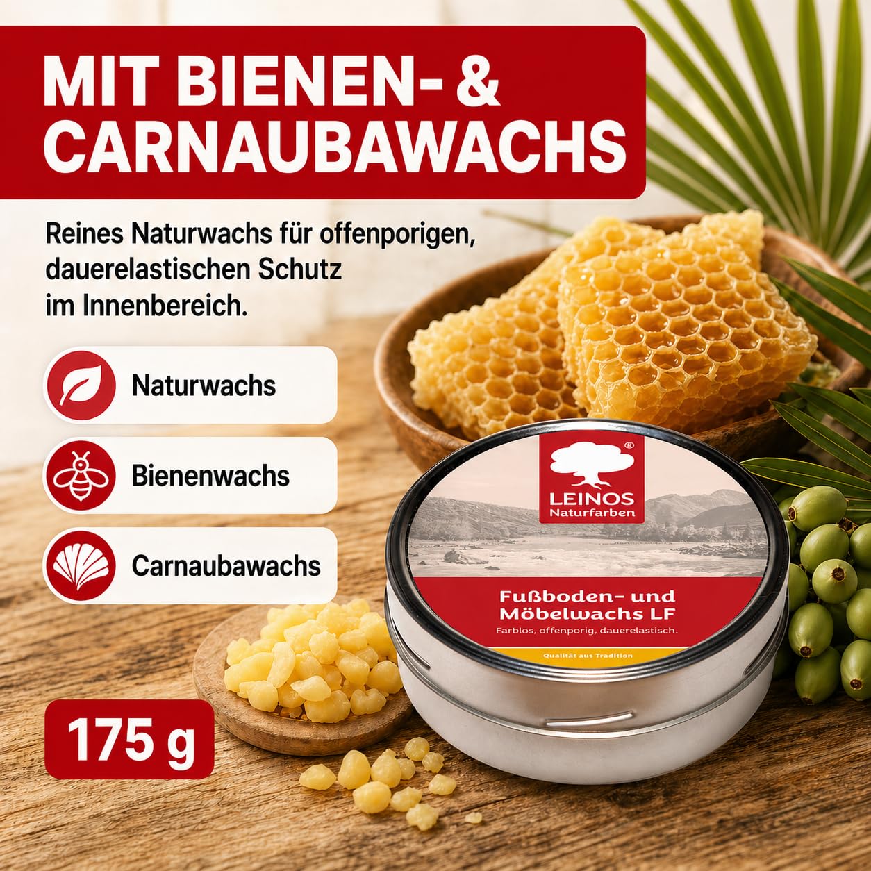 LEINOS Wosk do podłóg i mebli LF 310 – naturalny wosk ochronny do drewna, korka i płytek glinianych wewnątrz – wodoodporny, oddychający i nadający się do naprawy – do podłóg i mebli – bardzo wydajny i