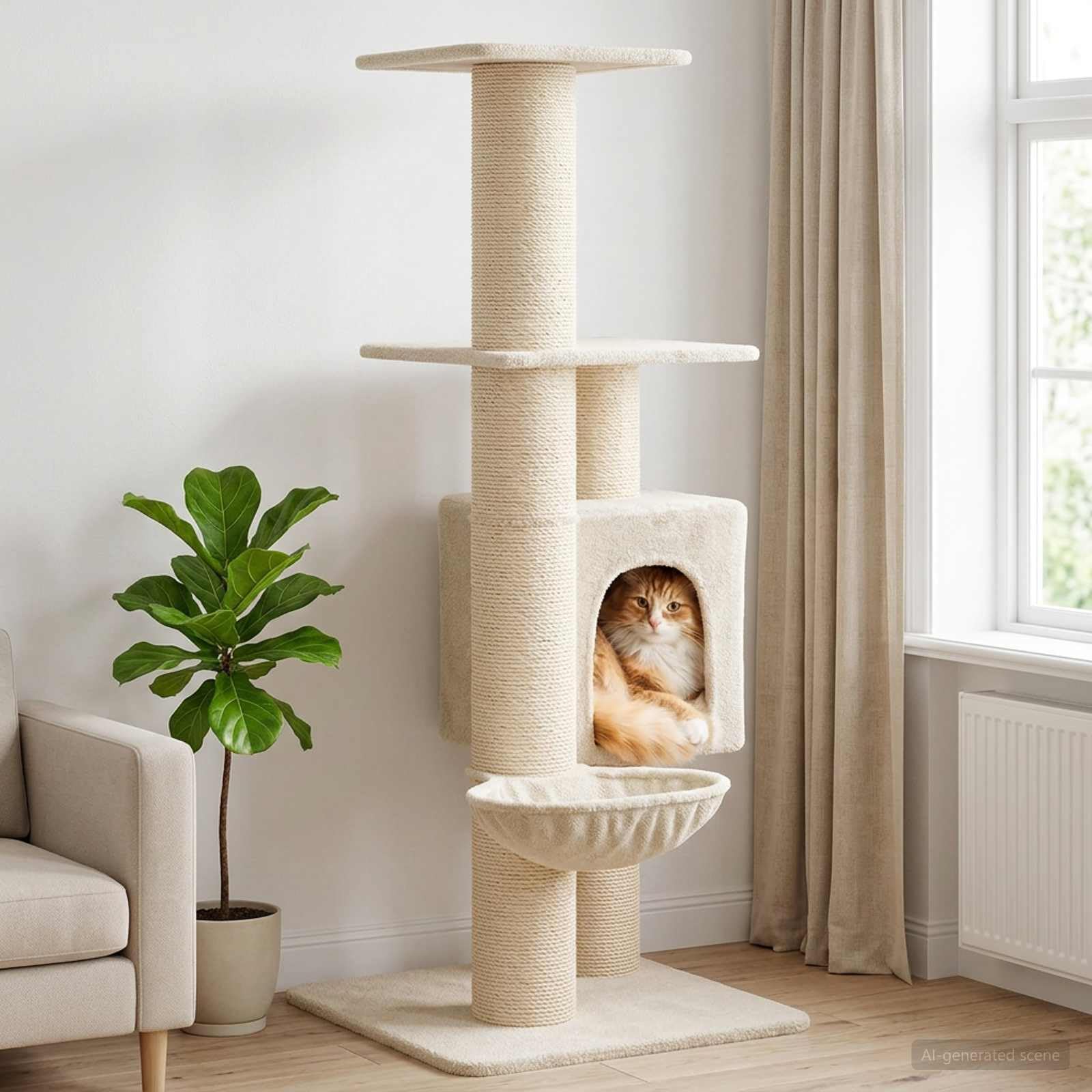 Katzenbaum mit Sisal-Kratzsäulen & Katzenhöhle Creme 137 cm | Mehrstöckiger Kletterturm für das Wohnzimmer und Schlafzimmer, der Spielspaß und gemütliche Rückzugsorte vereint.
