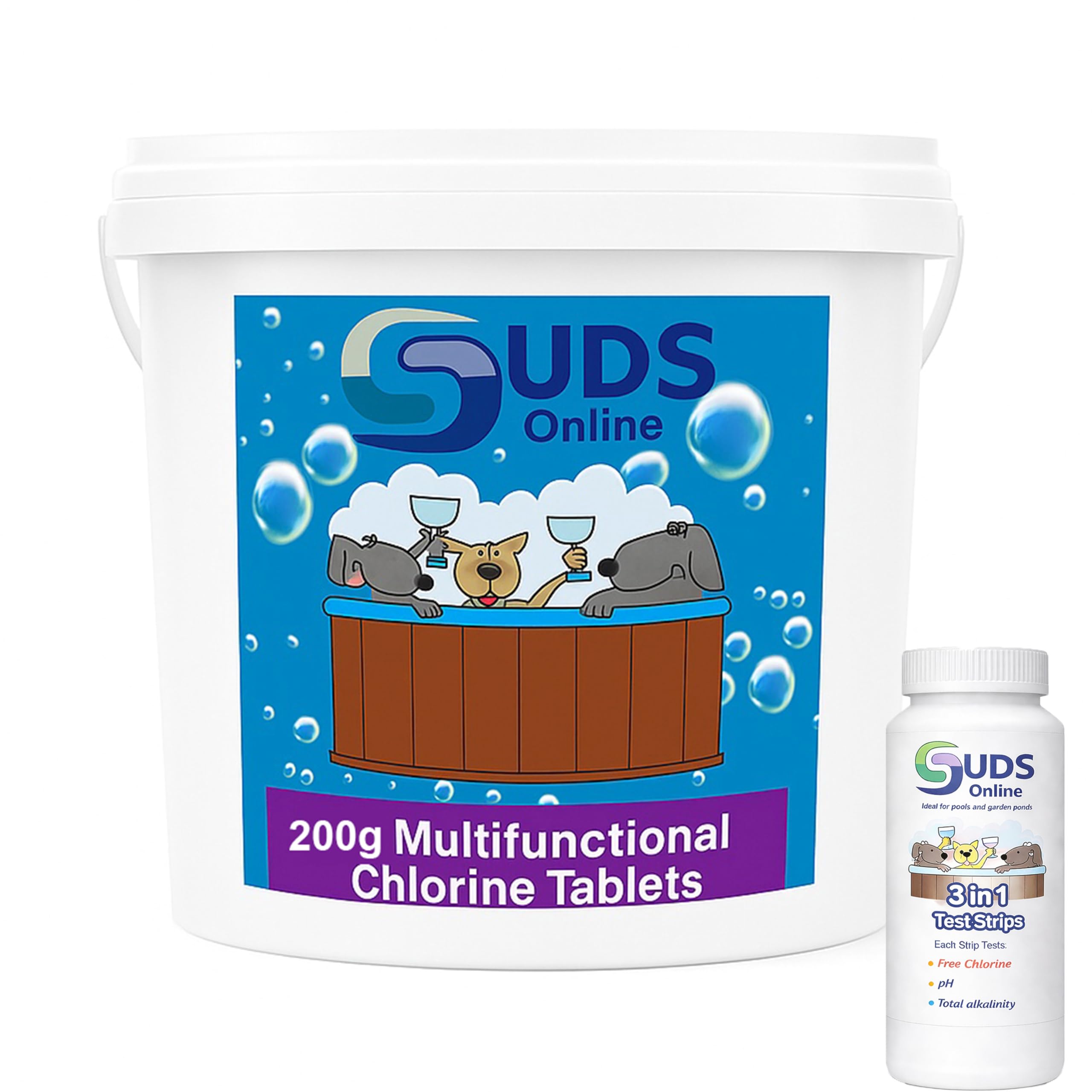 SUDS-ONLINE 5kg Multifunctional Chlorine Tablets 200g Swimming Pool Chemicals + 10 Free Test Strips