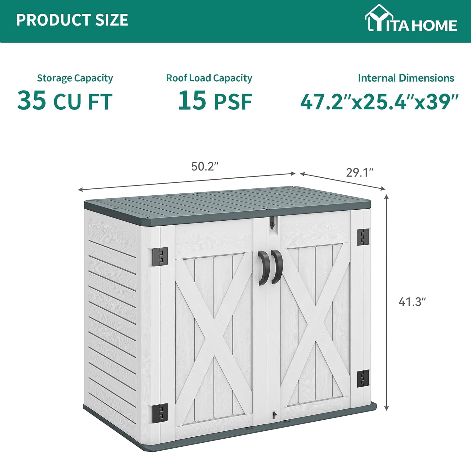 Product size diagram with dimensions and capacity of the YITAHOME storage shed.