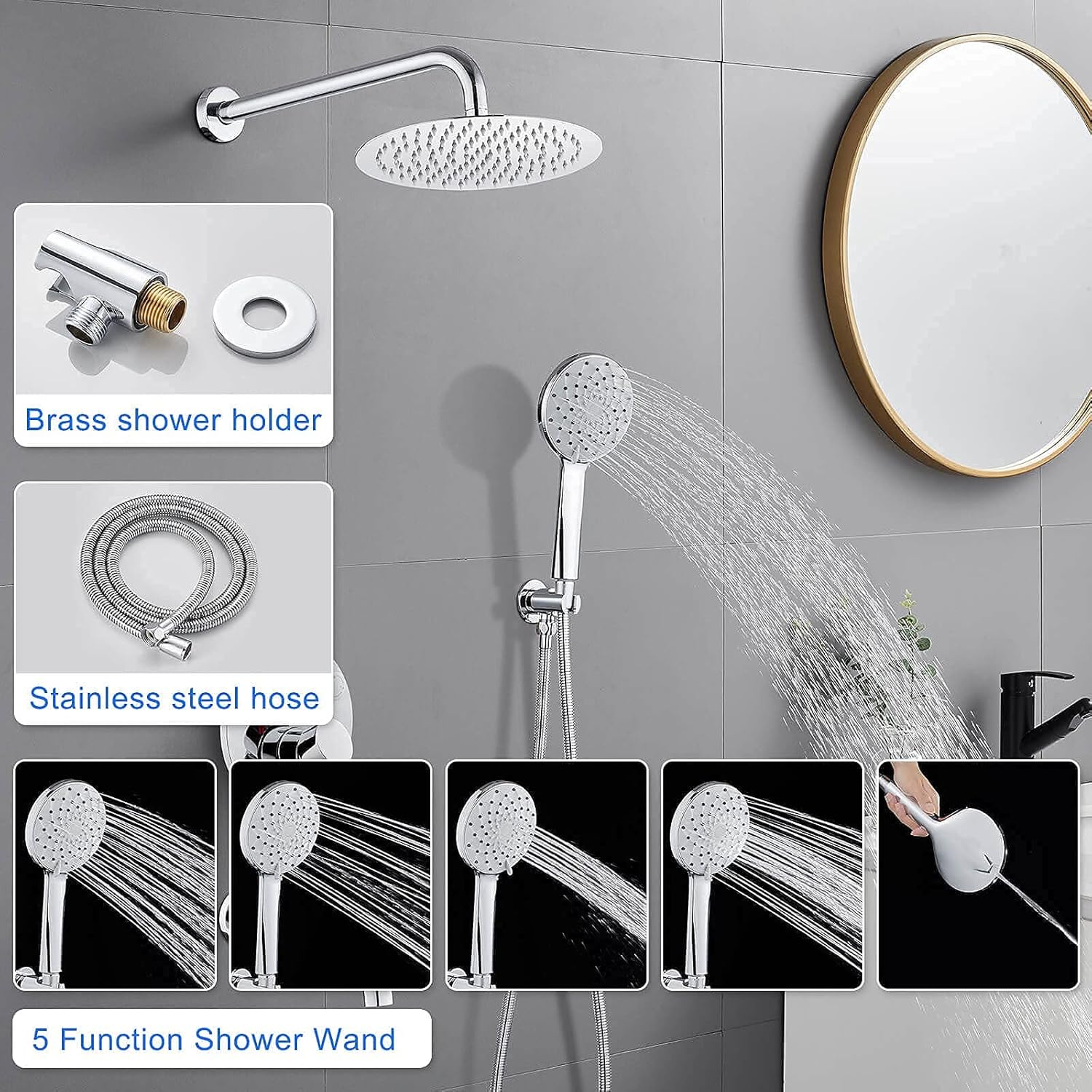 Image showing the brass shower holder, stainless steel hose, and the 5-function handheld shower wand with various spray patterns.