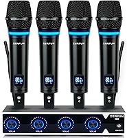 Vista 11 de Sistema de Micrófono Inalámbrico Recargable de 4 Canales, Micrófonos Inalámbricos de Mano Profesionales UHF de Metal con Eco Bluetooth Control