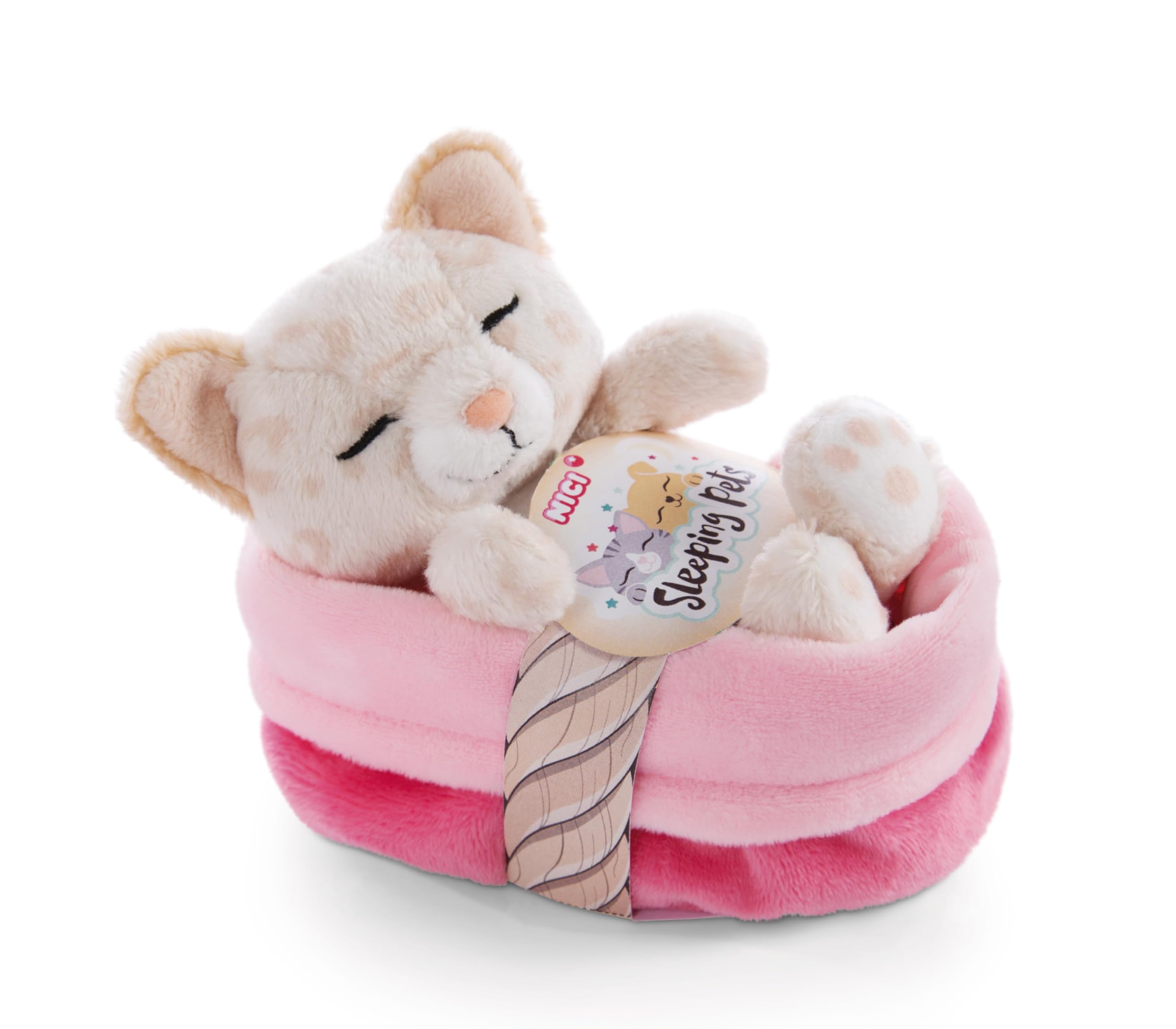 NICI Soft Toy Cat in Basket 12 cm – Sleeping Pets Cuddly Toy Cats with Leopard Print for Girls, Boys & Babies – Fluffy Stuffed Animal to Cuddle, Play & Sleep With – Cosy Plush Animals