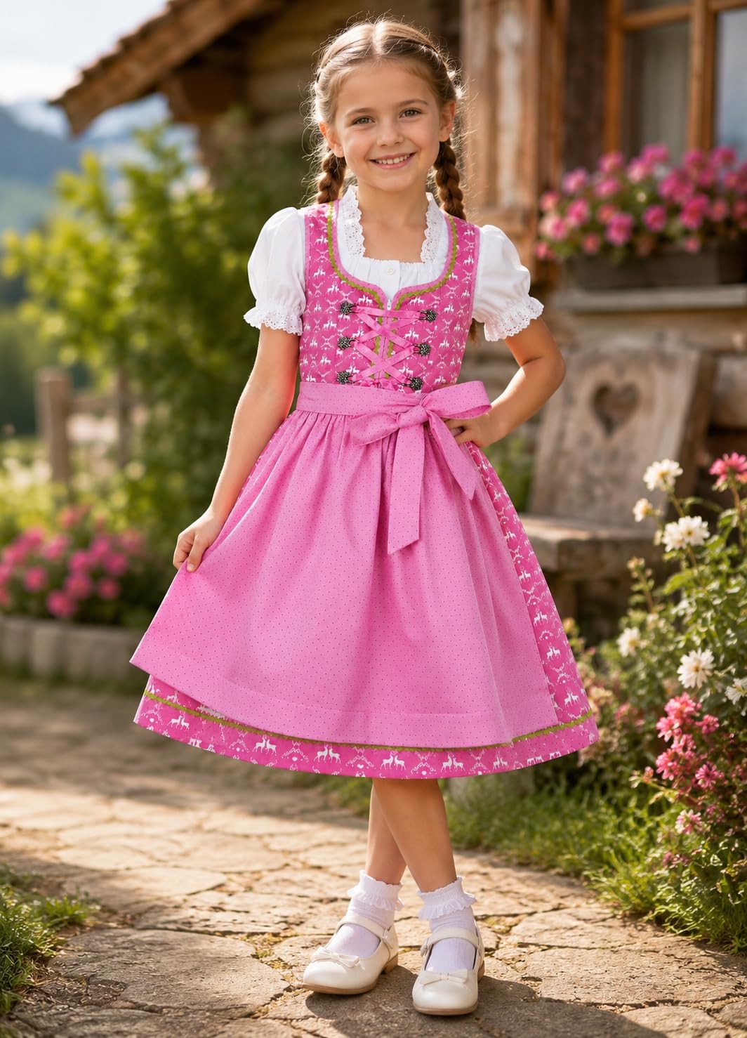 Ramona Lippert® Dziecięca dirndl Lia, różowa – 3-częściowa sukienka ludowa Dirndl dla dziewczynek, Rosa, 146-152