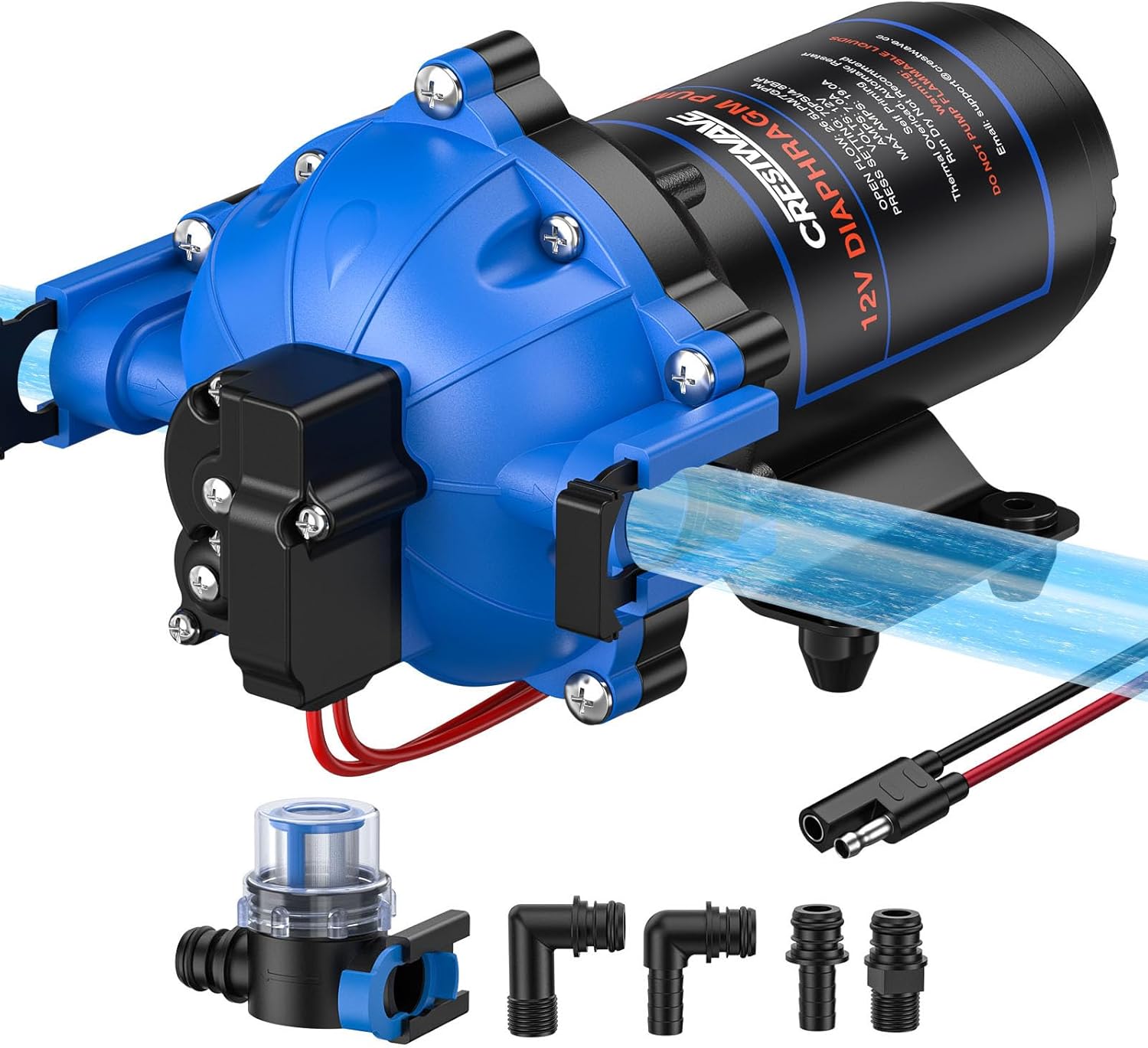CrestWave 12V RV Water Pump, 7GPM 70PSI, 5-Chamber Diaphragm Pump with Quick Connect Ports, Self-Priming Water Pressure Pump with Pressure Switch & Strainer for RV, Marine, Yacht, Caravan