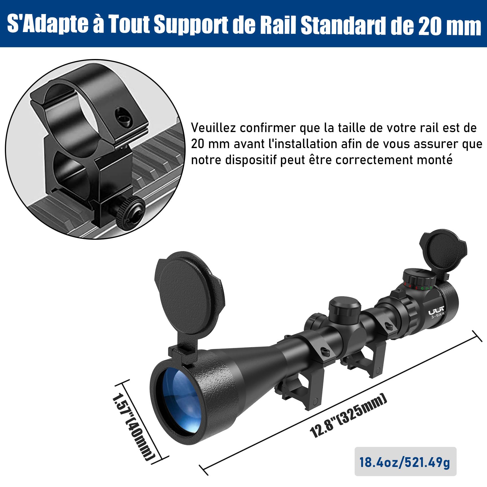 UUQ 3-9×40 Rifle Range con iluminación roja/Verde y medidor de Distancia Reticle Fits 20mm Free Mount, Resistente al Agua, Resistente a la Niebla