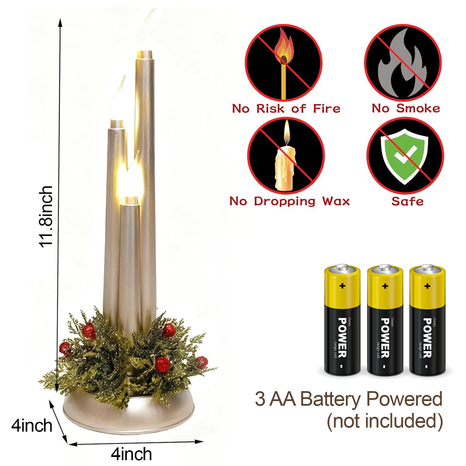 Candele natalizie a LED senza fiamma, 3 in 1, senza fiamma, corte, decorate con foglie di agrifoglio finte e bacche invernali, funzionamento a batteria, per centrotavola natalizio e decorazioni