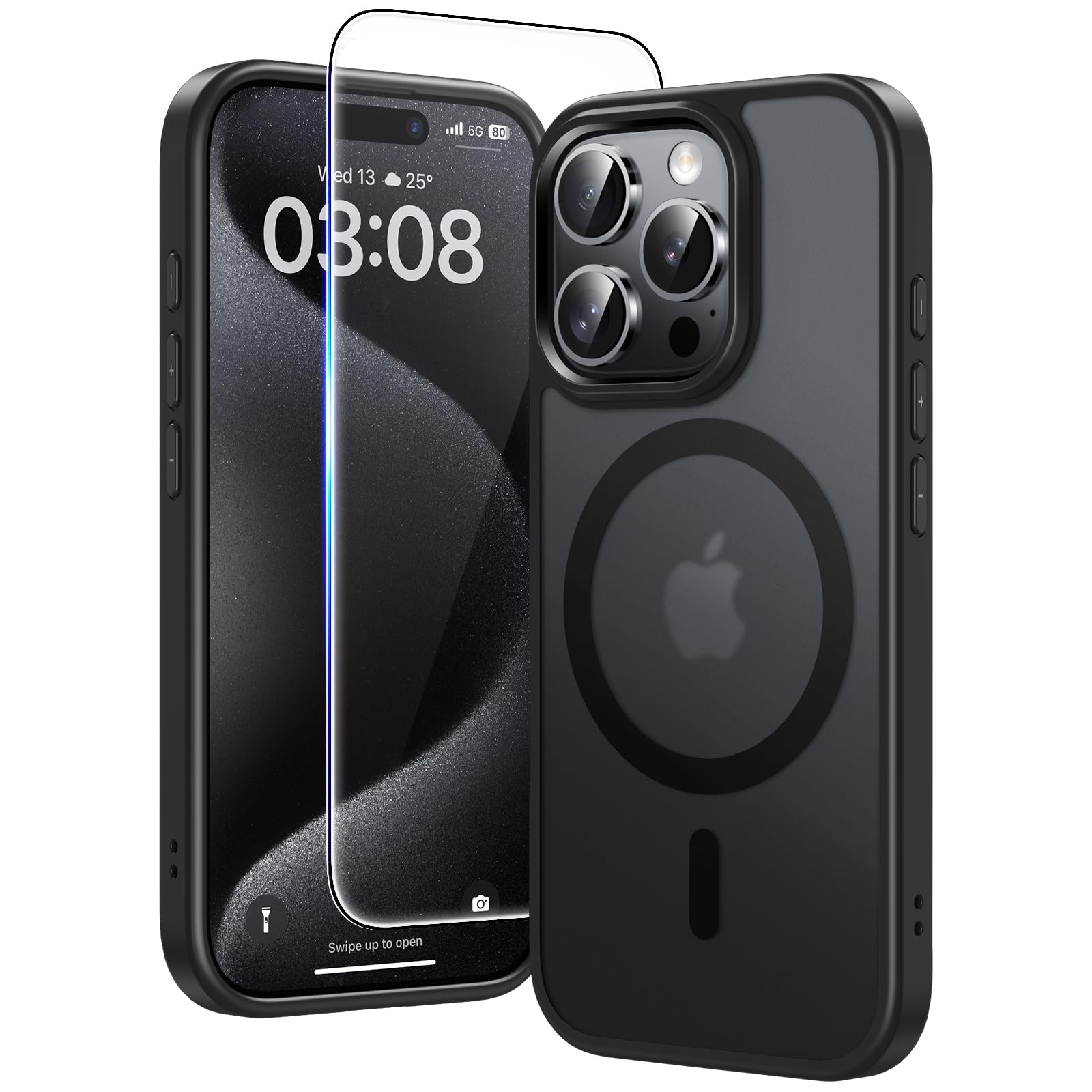 TAURI Cover per iPhone 15 Pro con Pellicola in Vetro Temperato,[Compatibile con MagSafe] Magnetica Custodia per Sottile Anticaduta - Nero Opaco