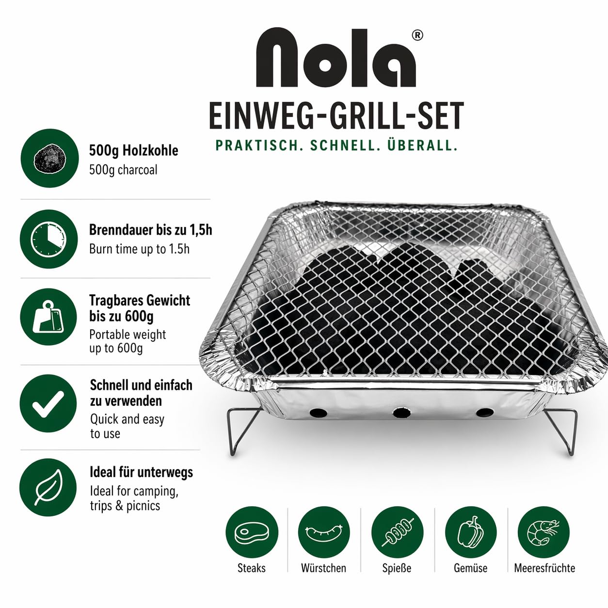 Griglia usa e getta – Confezione da 1 – Con 450 g di carbone e carta di accensione – Pronta per picnic, campeggio e grigliate – Barbecue istantaneo Art. 365 (1)