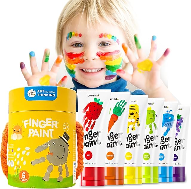 Jar Melo Safe Finger Paints for Baby Kids 3 4 5 6 7 8+Age, 2.1 fl.oz 6 Color Non Toxic Finger Painting Set for Toddler Washable Art Project Painting Preschool Travel Learning Activity Birthday Gifts