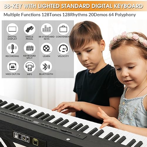 Miniatura 10 de MSTNE Piano digital de 88 teclas, teclado de piano de 88 teclas para principiantes con teclas iluminadas, piano eléctrico portátil con soporte