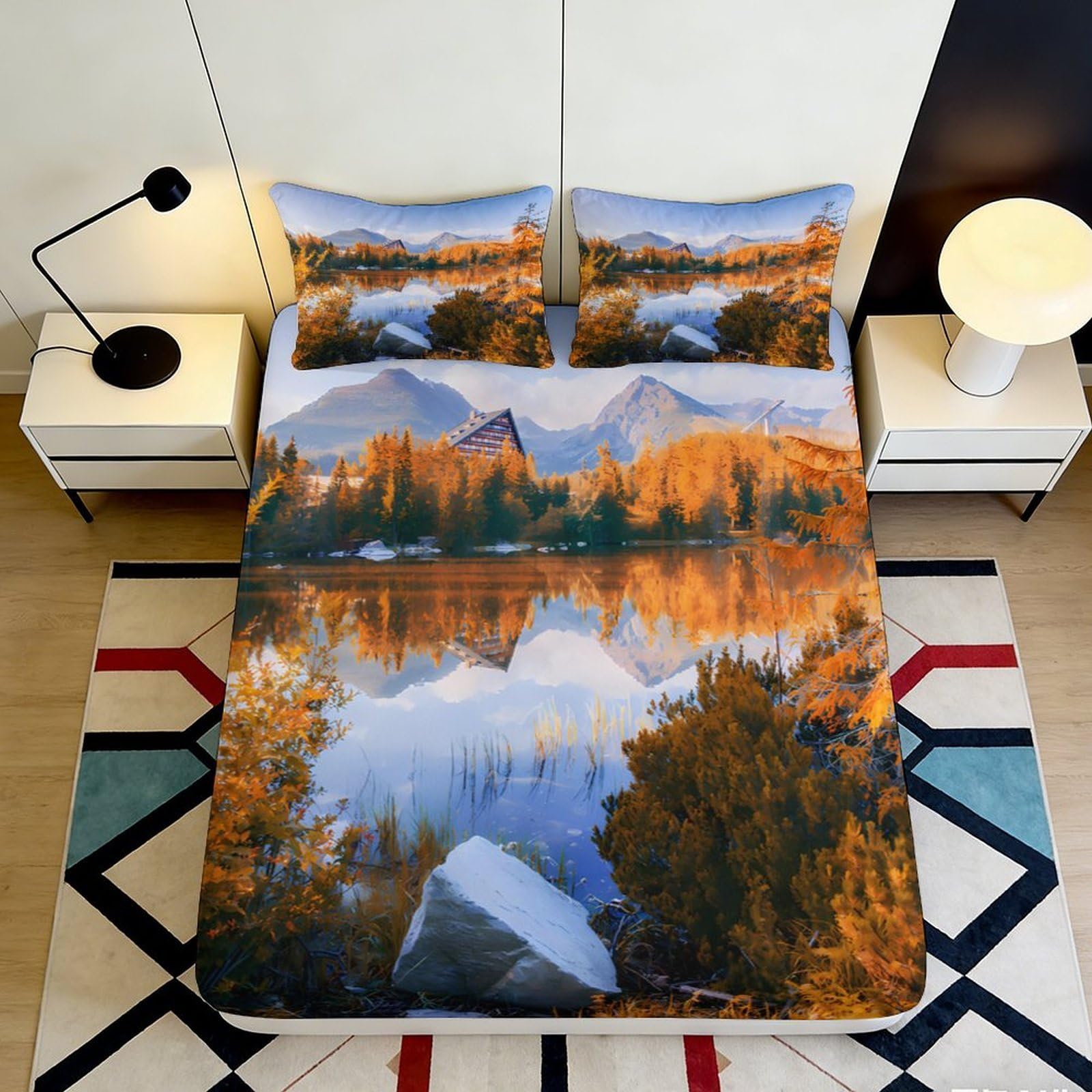 3D Printed Autumn Lake View Fitted Sheet Microfiber Deep Pocket Non-Slip Autumn Scene Mattress Fitted Cover for Bedroom Home Use 140x200x25cm