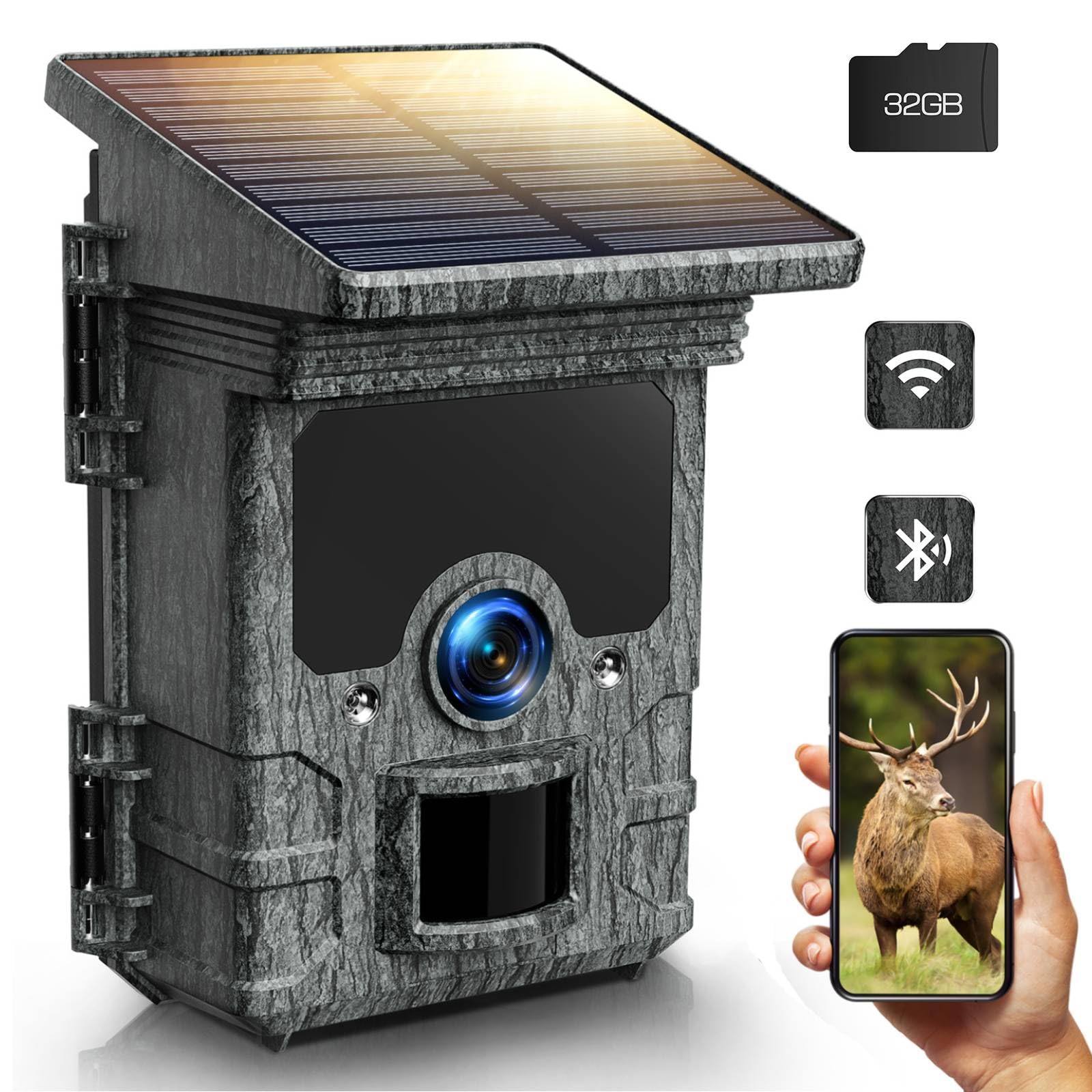 VOOPEAK Wildkamera Solar WLAN 4K 30fps 85MP, Wildkamera mit Handyübertragung APP, Wildtierkamera mit Nachtsicht Bewegungsmelder mit 32GB Micro SD Karte 120° Weitwinkel IP66 wasserdichte