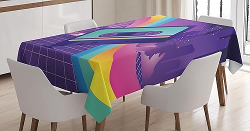 Miniatura 4 de Ambesonne Synthwave - Mantel rectangular con cinta de casete antigua y rayos arcoíris sobre una ciudad del sur con palmeras, mantel rectangular para