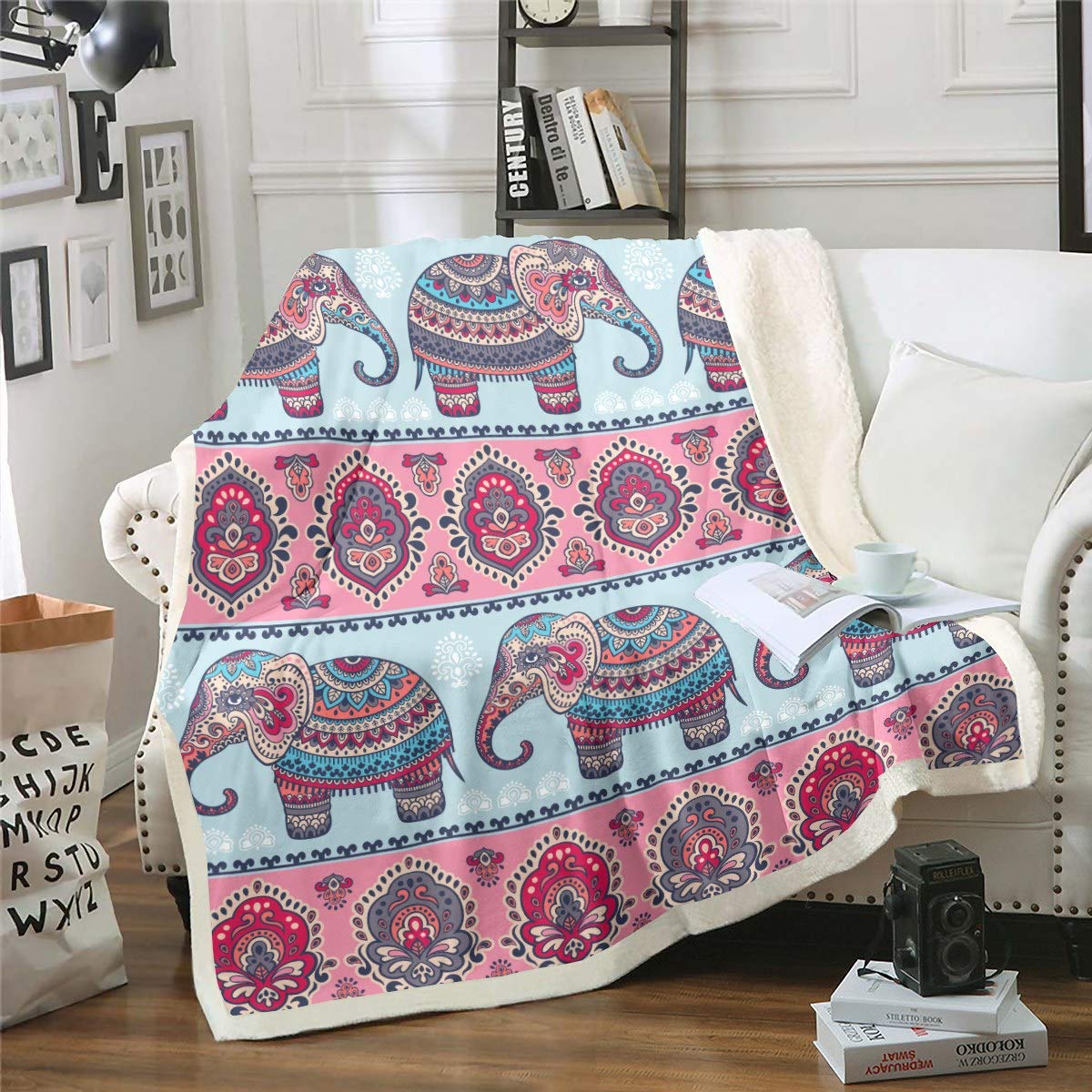 Loussiesd Colour 24 Elephant Fuzzy Boho Style Sherpa Blanket Wild Animal Pattern Fleece Throw For Sofa Bed Couch - Bohemian Decor Plush Single 50"X60"