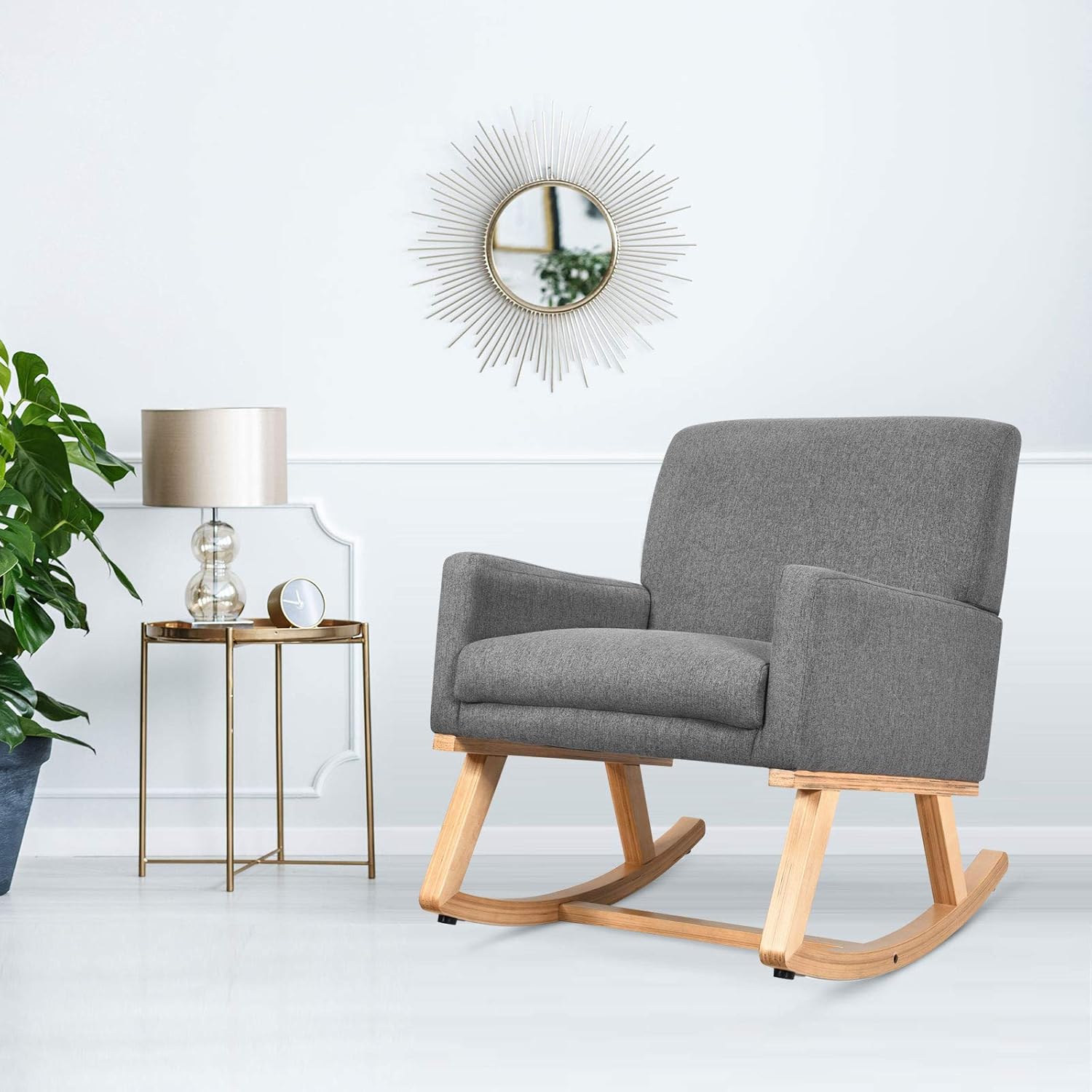 Giantex Upholstered Rocking Chair with Fabric Padded Seat and Solid Wood Base, Comfortable Rocker for Living Room, Bedroom, Study Room, Office Rocking Armchair (Gray)