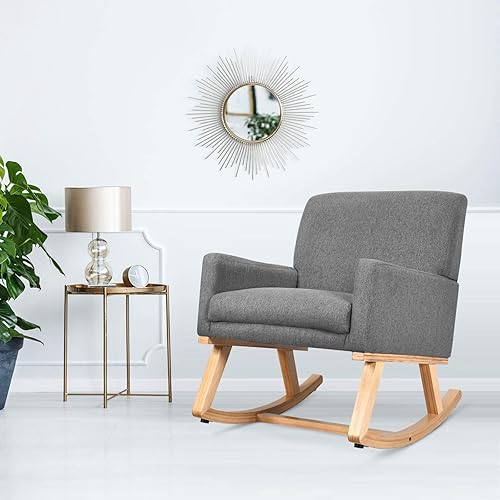 Miniatura 2 de Giantex Mecedora tapizada con asiento acolchado de tela y base de madera maciza, cómoda mecedora para sala de estar, dormitorio, sala de estudio,