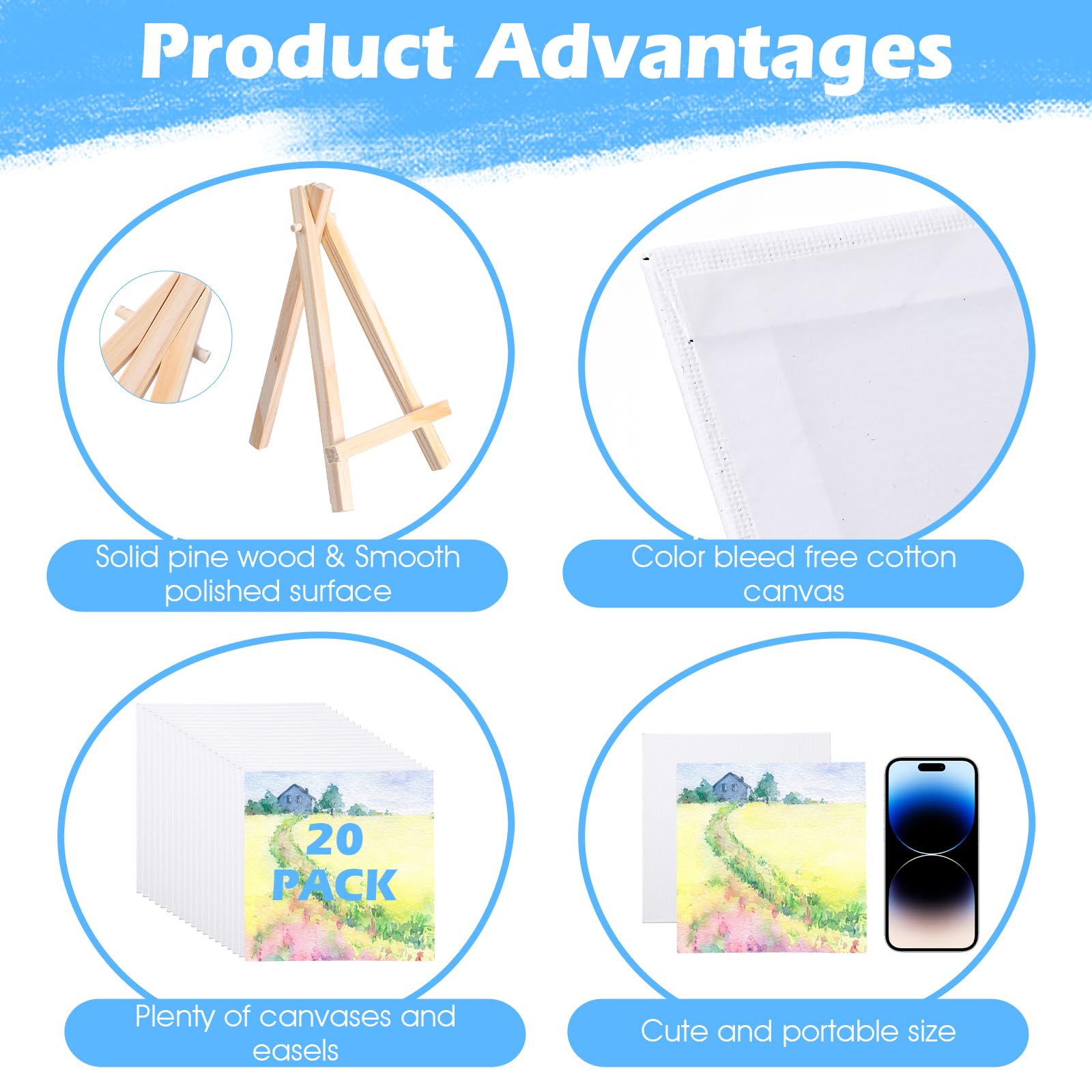 20 Stück 15 cm Leinwandtafeln zum Zeichnen, Mini-Malleinwand mit Staffelei-Set, Malsets