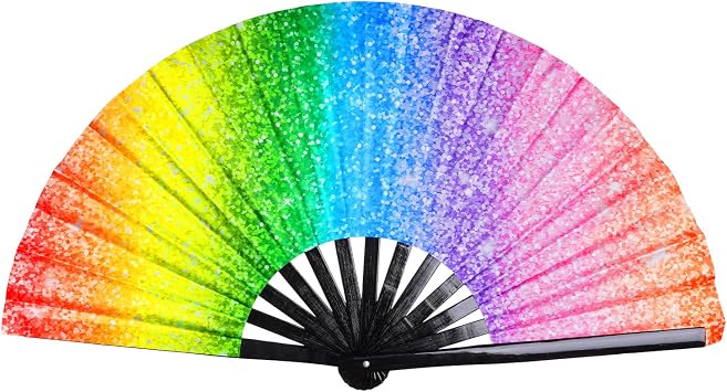 Marrywindix Rainbow Rave Hand Fan Large Folding Glitter Pride Clack Handheld Fan for for Line Dancing Festivals Performance Rainbow Outfits Disco Party Parade Wedding Home Decoration Gift