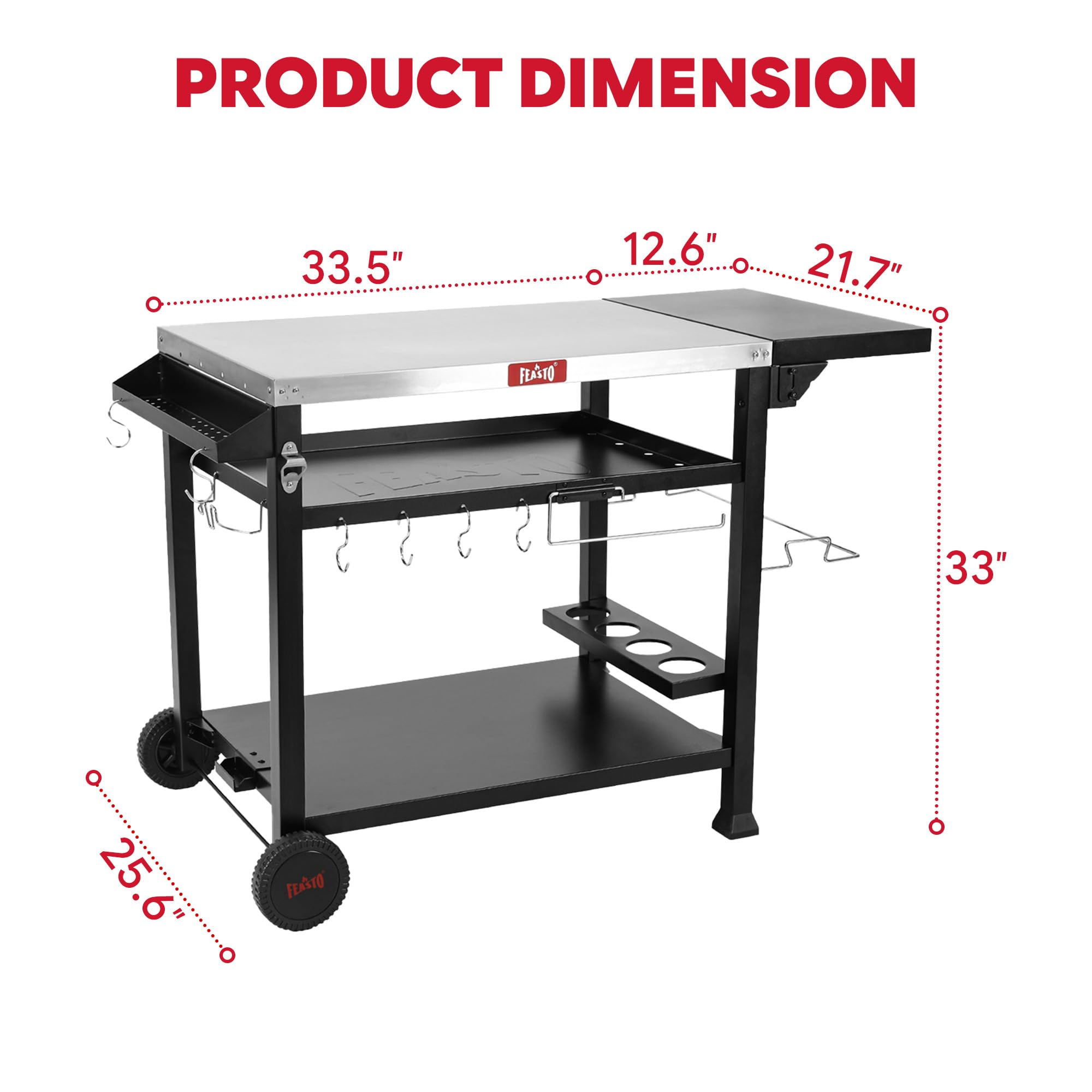FEASTO Table de travail mobile à trois étagères pour la préparation des aliments, pour la maison et l'extérieur, en acier inoxydable, table de travail sur deux roues, 127 x 55 x 84 cm (L x l x H)