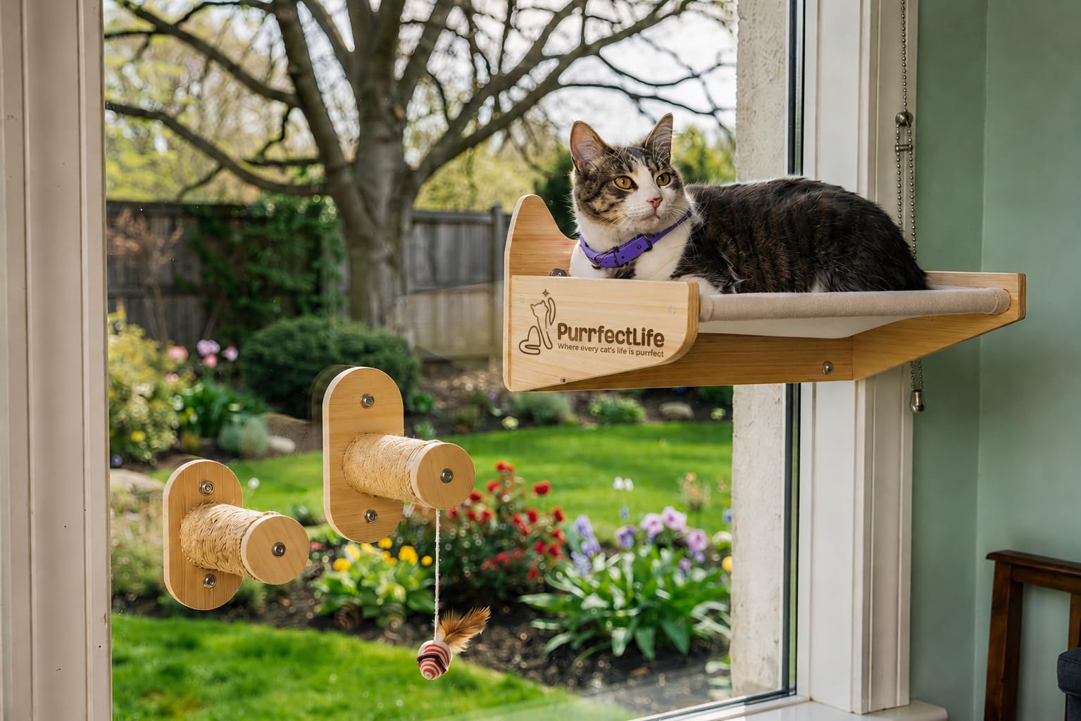 Hamaca para gatos para ventana y pared (2 en 1) - Percha de madera de color sólido y natural con 2 escalones - Hamaca 100% algodón - No necesita herramientas - Gratis: juguete para gatos