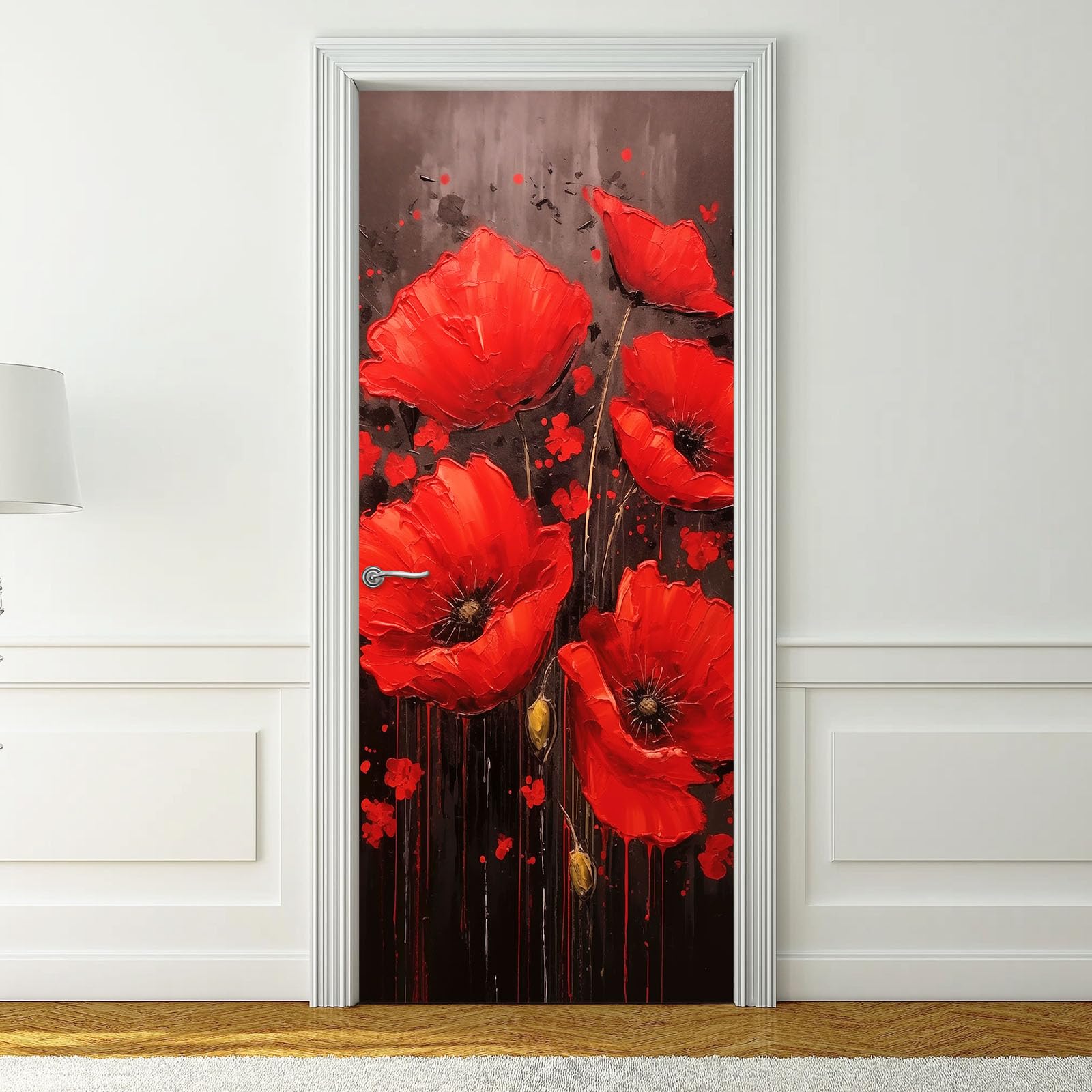 Vintage Blumen Türaufkleber, Abstrakt Blütenblätter Graffiti Wasserdichte Selbstklebende Tapeten Wandbilder 2 Stück, Dunkelgrau Pvc Abnehmbare Türsticker Dekoration für Schlafzimmer Schrank, 95x215 cm