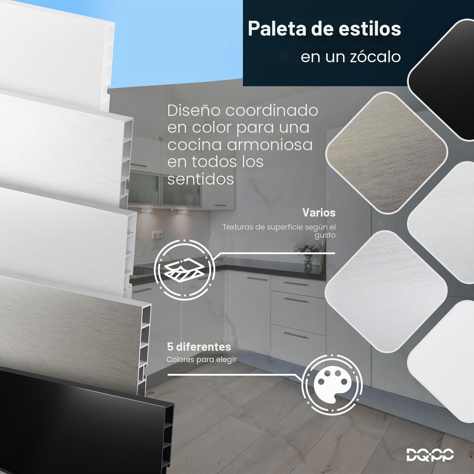 DQ-PP Zócalo de Aluminio Cepillado y Plástico para Cocina Empotrada - 1,5 m, 150 mm - Rodapiés y Perfil de Zócalo