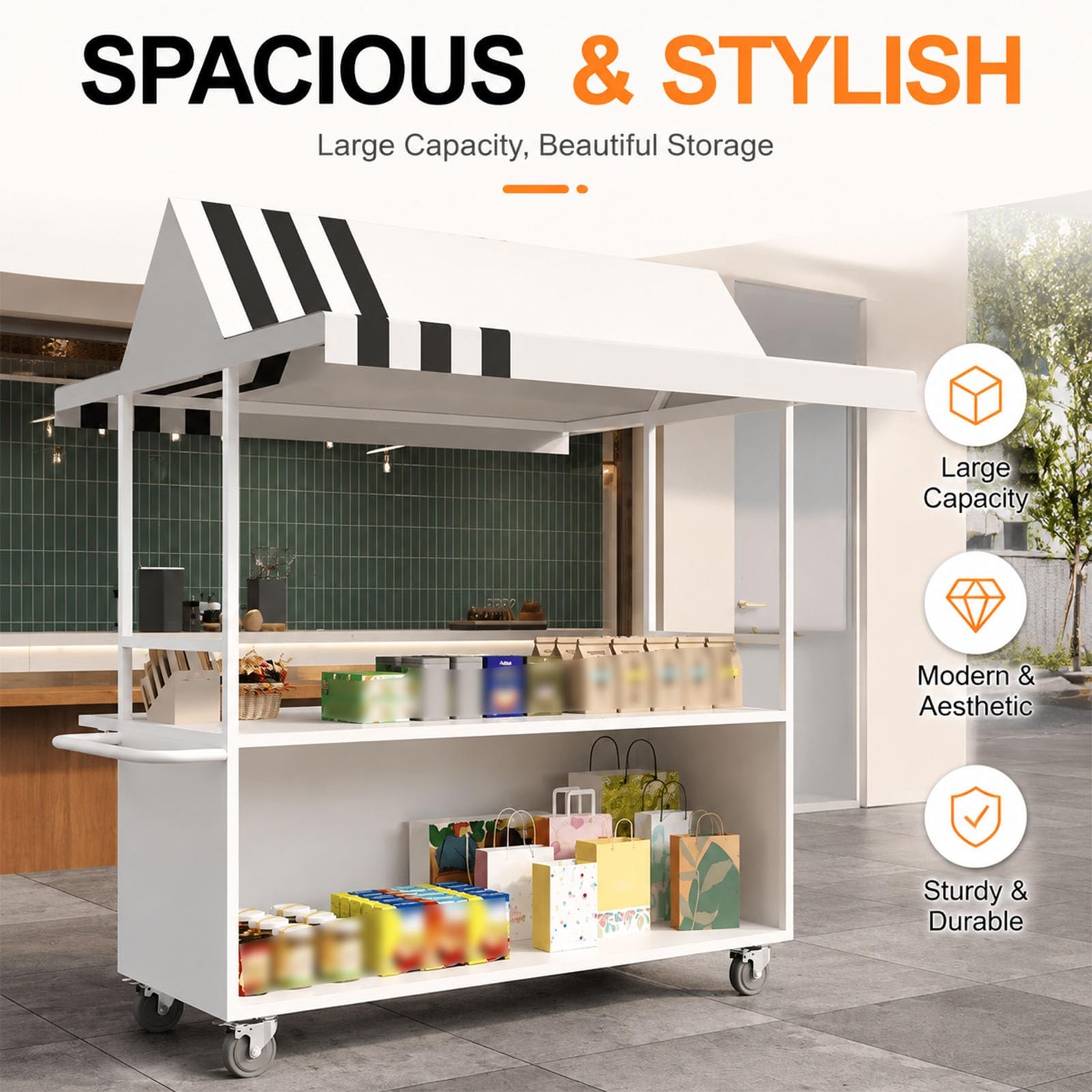 Carrello Alimentare da Esterno con Tettoia, Stand Mobile per Bevande con Ruote e Ripiani Portaoggetti, Carrello Portatile per Caffè e Drink per Eventi, Mercati e Festival(Red,120cm/47in)