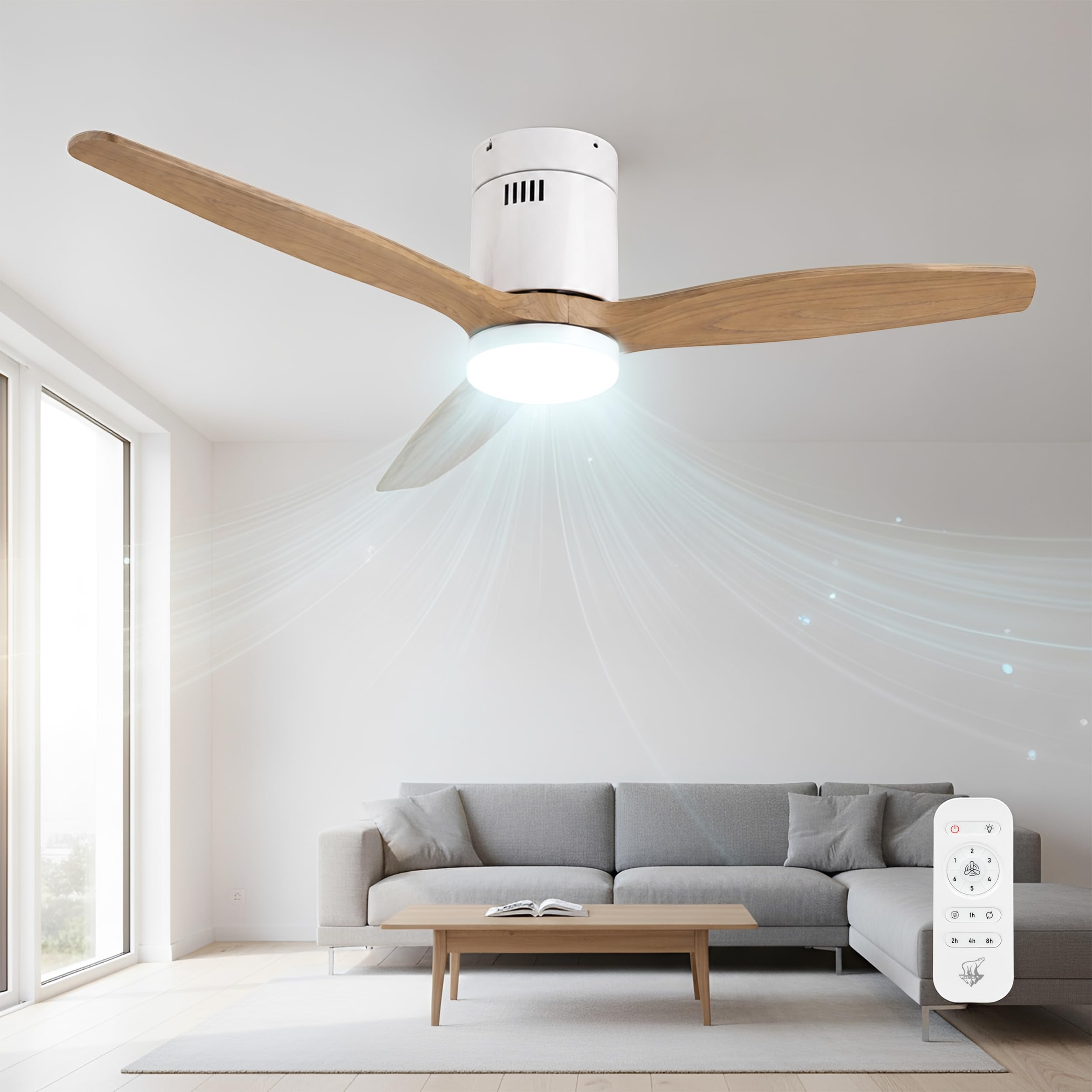 BESCH Ventilador de Techo con Luz LED y Mando a Distancia, 132 cm, 3 Aspas Efecto Madera, 6 Velocidades, 3 Temperaturas de Luz, Verano Invierno, Temporizador 1/2/4/8H, Blanco