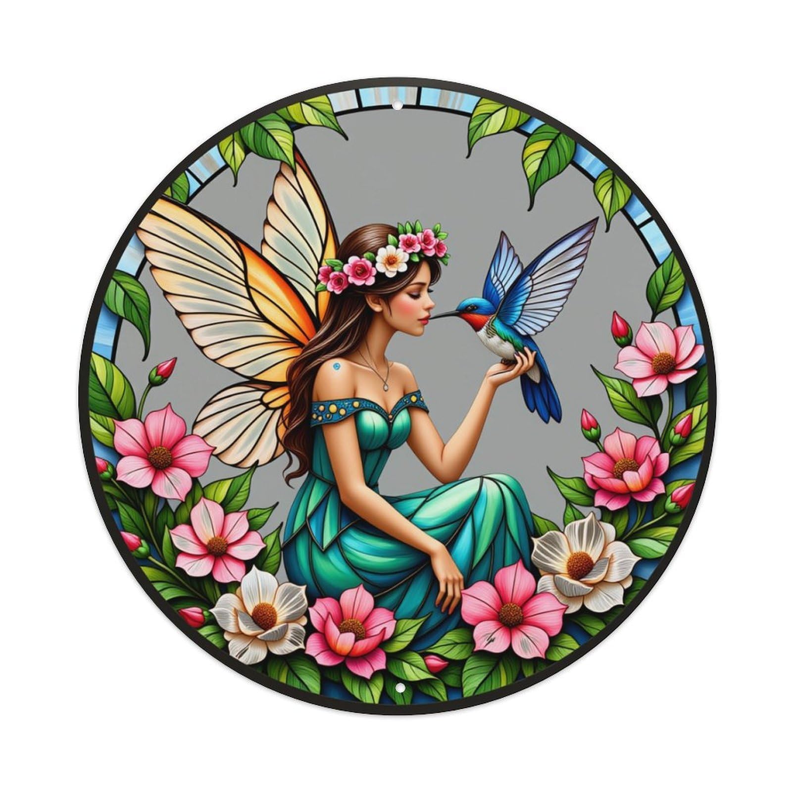 Fairy With Bird And Flowers Round Tin Sign Retro Metal Sign for Cafe Bar Pub Home Game Room Gym Club Wall Decoration Vintage Metal Poster 8x8 Inch