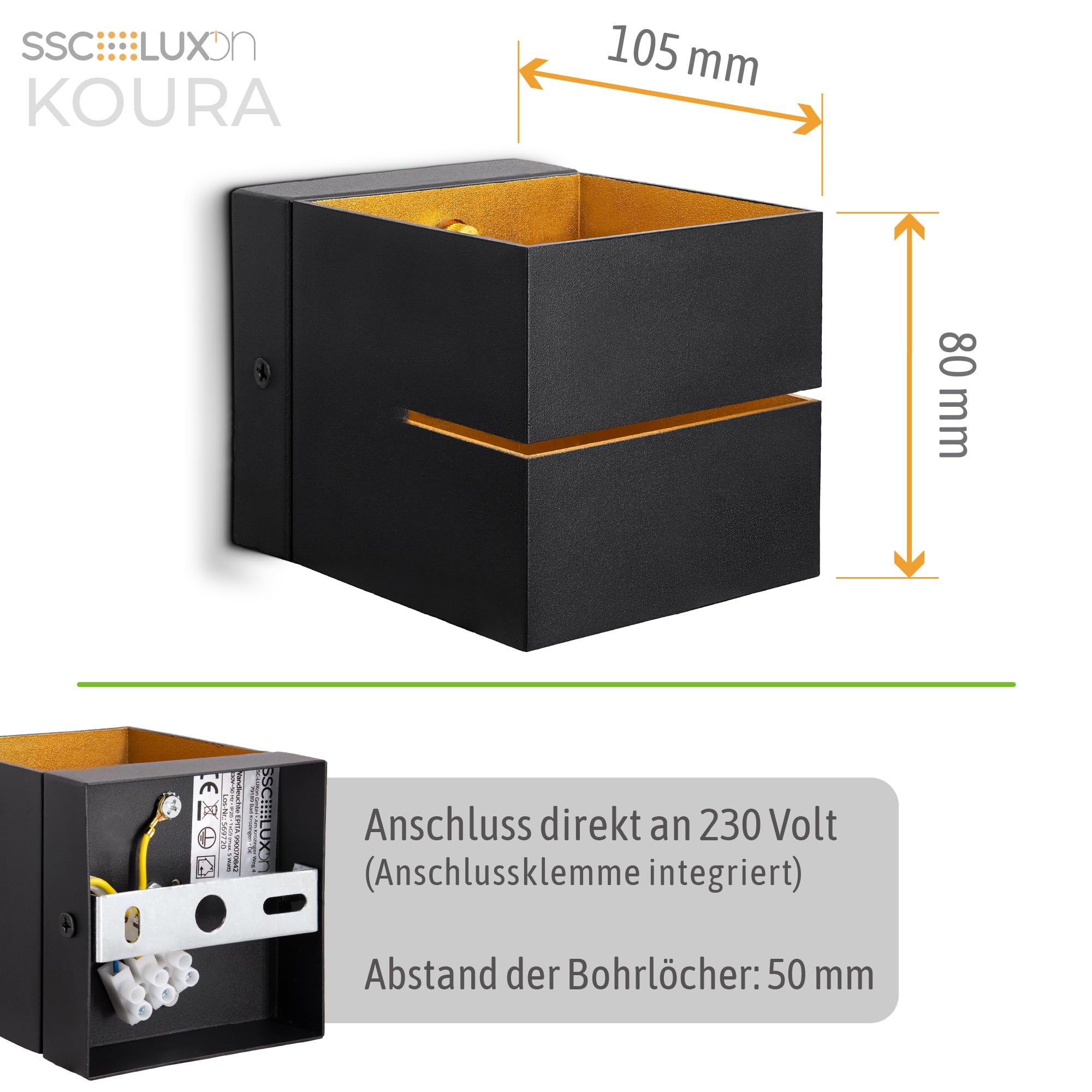 KOURA indirekte Wandleuchte schwarz mit Lichtschlitz - Wandlampe Gold Design Up Down Leuchte für 1x G9 LED