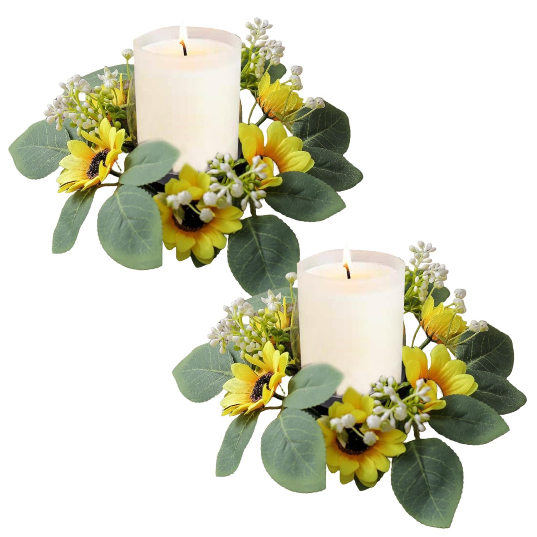 Ameble 2Pcs 10 Inch Yellow Sunflower Candle Rings with Green Leaves & White Berries, Artificial Silk & PE Wreath for Dining Table Centerpiece, Wedding, Home Decor