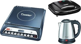 Prestige Electric Kettle PKOSS - 1500W, Steel (1.5L), Black & PIC 20 1600W Induction Cooktop & PGMFB 800W Grill Sandwich T Price In India