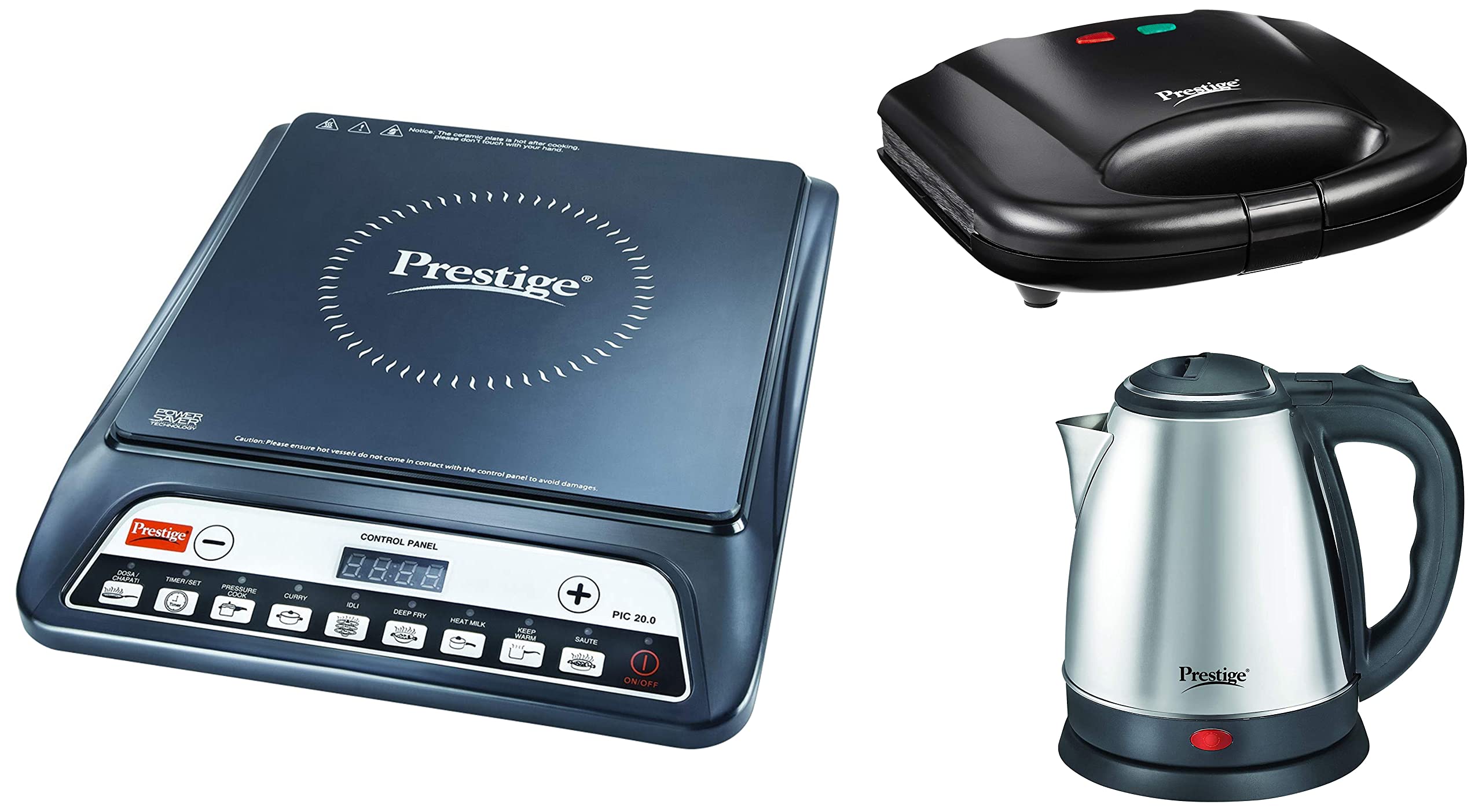 Prestige Electric Kettle PKOSS - 1500watts, Steel (1.5Ltr), Black & PIC 20 1600 Watt Induction Cooktop (Black) & PGMFB 800 Watt Grill Sandwich Toaster with Fixed Grill Plates, Black-image-19