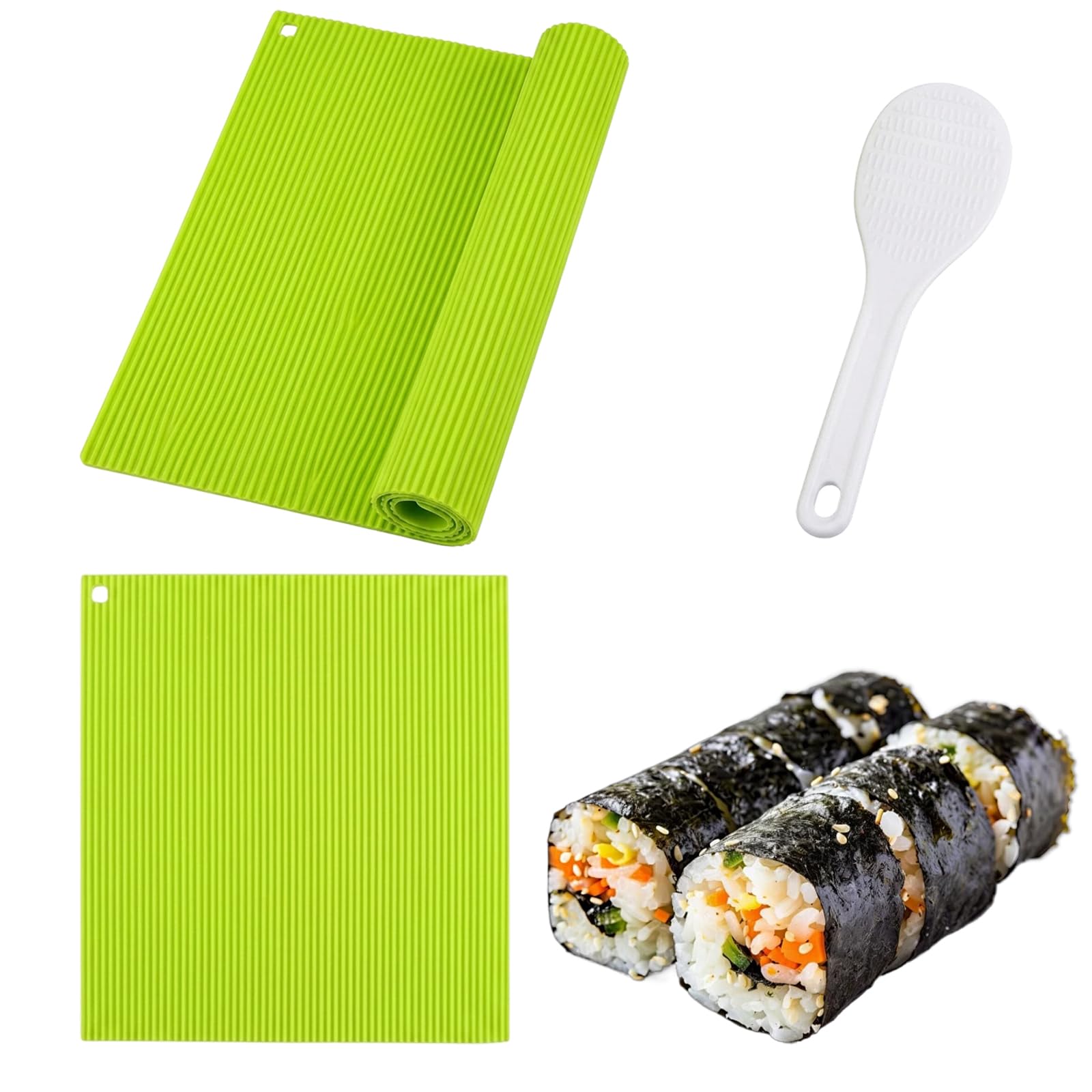 3Pcs Complete Sushi Set - Non-Stick Sushi Rolling Mat and Paddle Set, Dishwasher Safe Sushi Maker Roller for Homemade Sushi Rolls, Spring Rolls - Sushi Mat