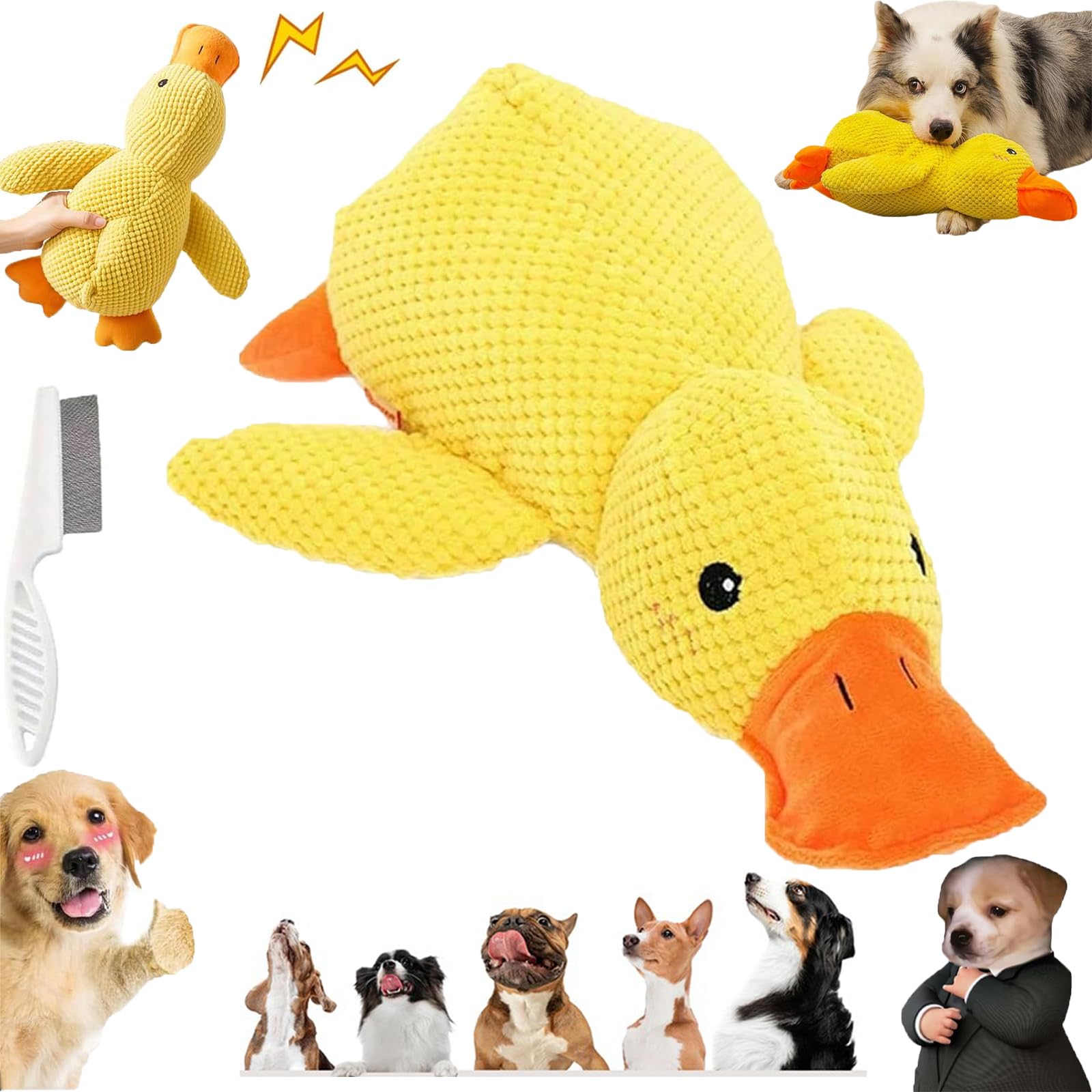 Calming Duck Toy, Mellow Duck Calming Dog Toy for Aggressive Chewers, Quacking DuckChew Toyes for Dogs (Yellow, Small(2.4in*16in*18in))
