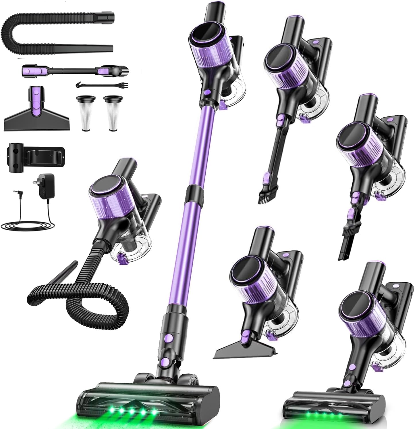 Cordless Vacuum Cleaner, 45KPA /10-in-1 Stick Vacuum with 29-inch Hose, 45Mins Runtime Vacuum Cleaners for Home, Anti-Tangle Brush, Lightweight Rechargeable Vacuum for Hardwood Floor (Purple)
