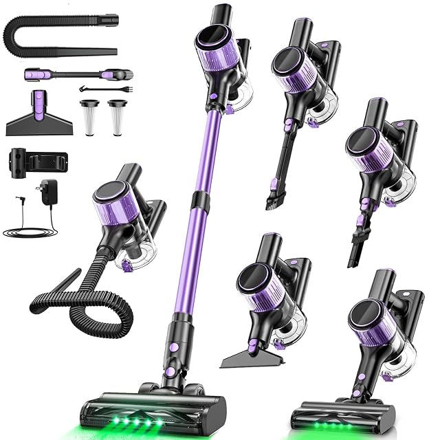 Cordless Vacuum Cleaner 10 in 1 Stick Vacuum with Powerful Suction Hose Green LED Light Anti-Tangle Brush Lightweight