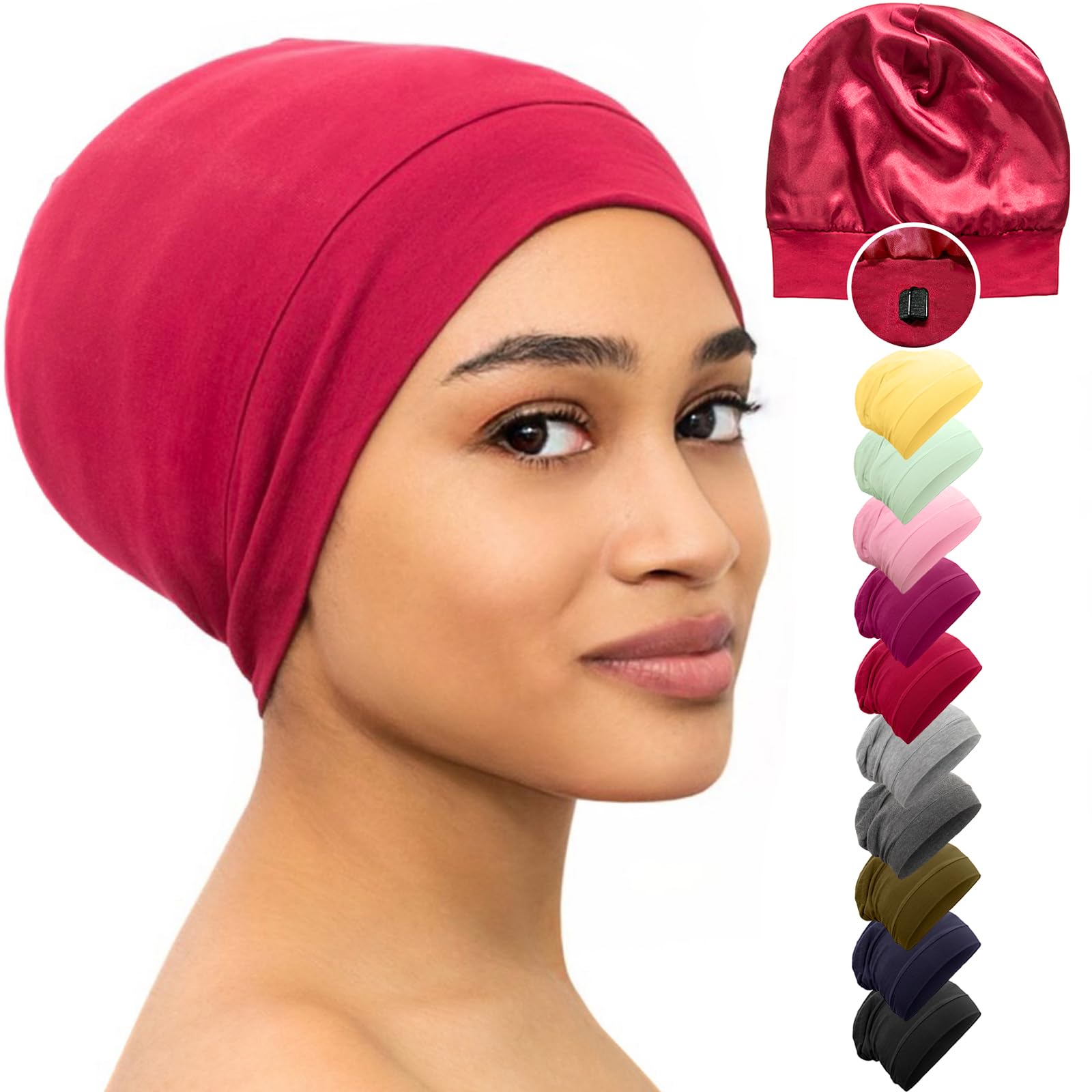 CAPLORD Silk Satin Bonnet Hair Wrap Cover Sleep Cap for Sleeping Beanie Night Adjustable Headwear Lined Nurse Cap Black Women Men, Red, One size