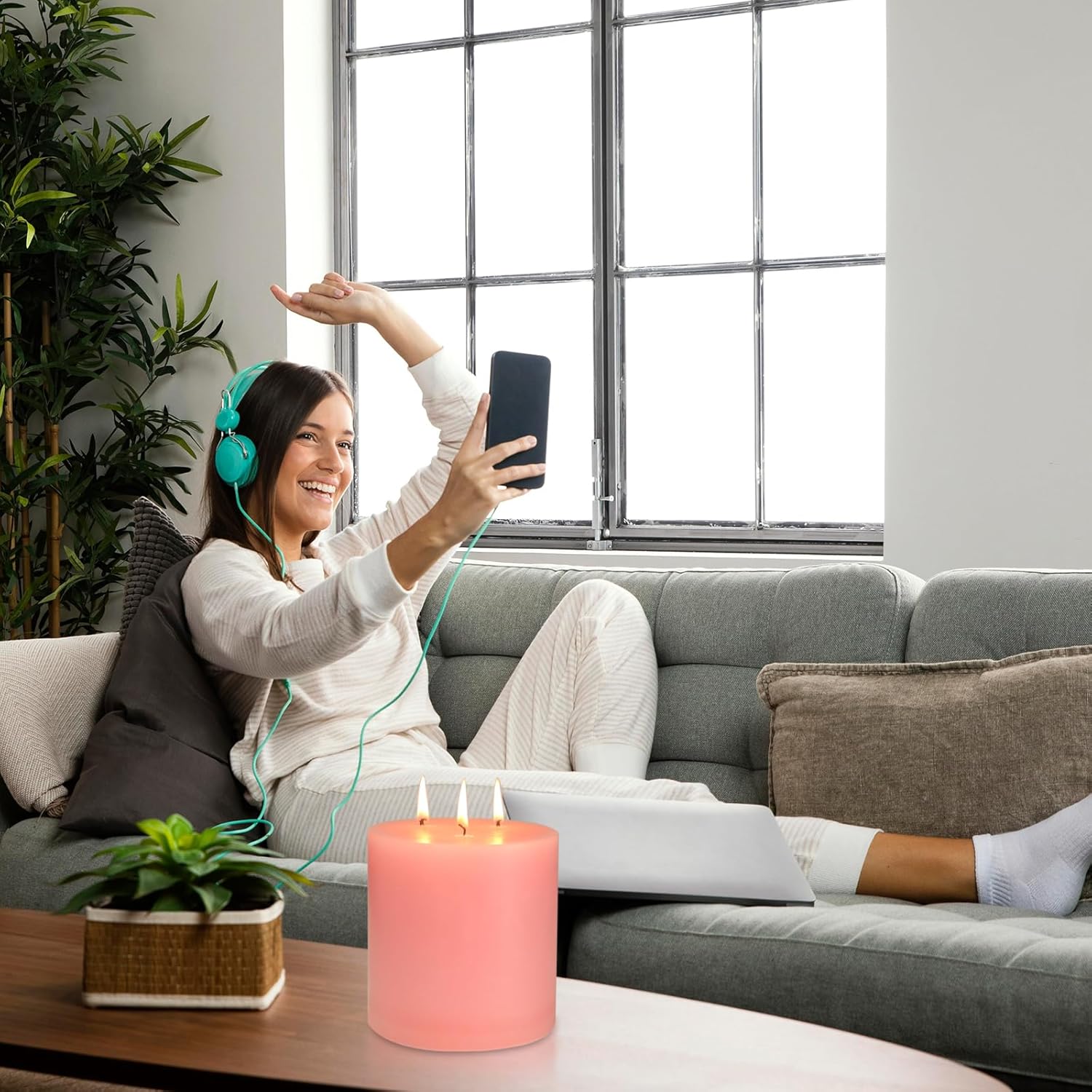 Extra Large 3 Wick Pink Pillar Candle, 6" x 6", Unscented, Dripless, Smokeless, and Clean-Burning. Approx. 120 Hours of Burn Time. Perfect for Weddings, Dinners, Christmas and Home Decor