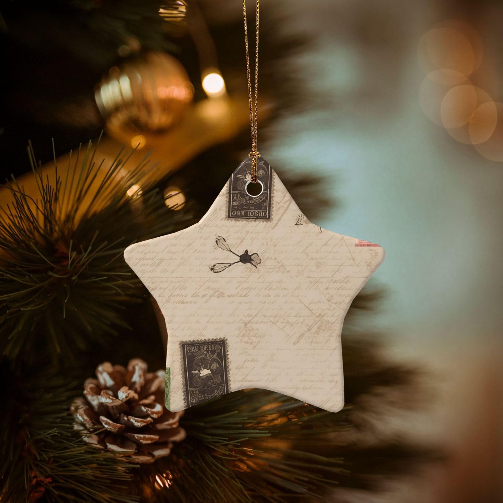 Christmas Tree Ornaments Ceramics Christmas Decorations Old Fashioned Mail Ornaments with Gold Ribbon Porcelain Xmas Tree Crafts Star Shape Hanging Pendant for Christmas Tree Party Decor