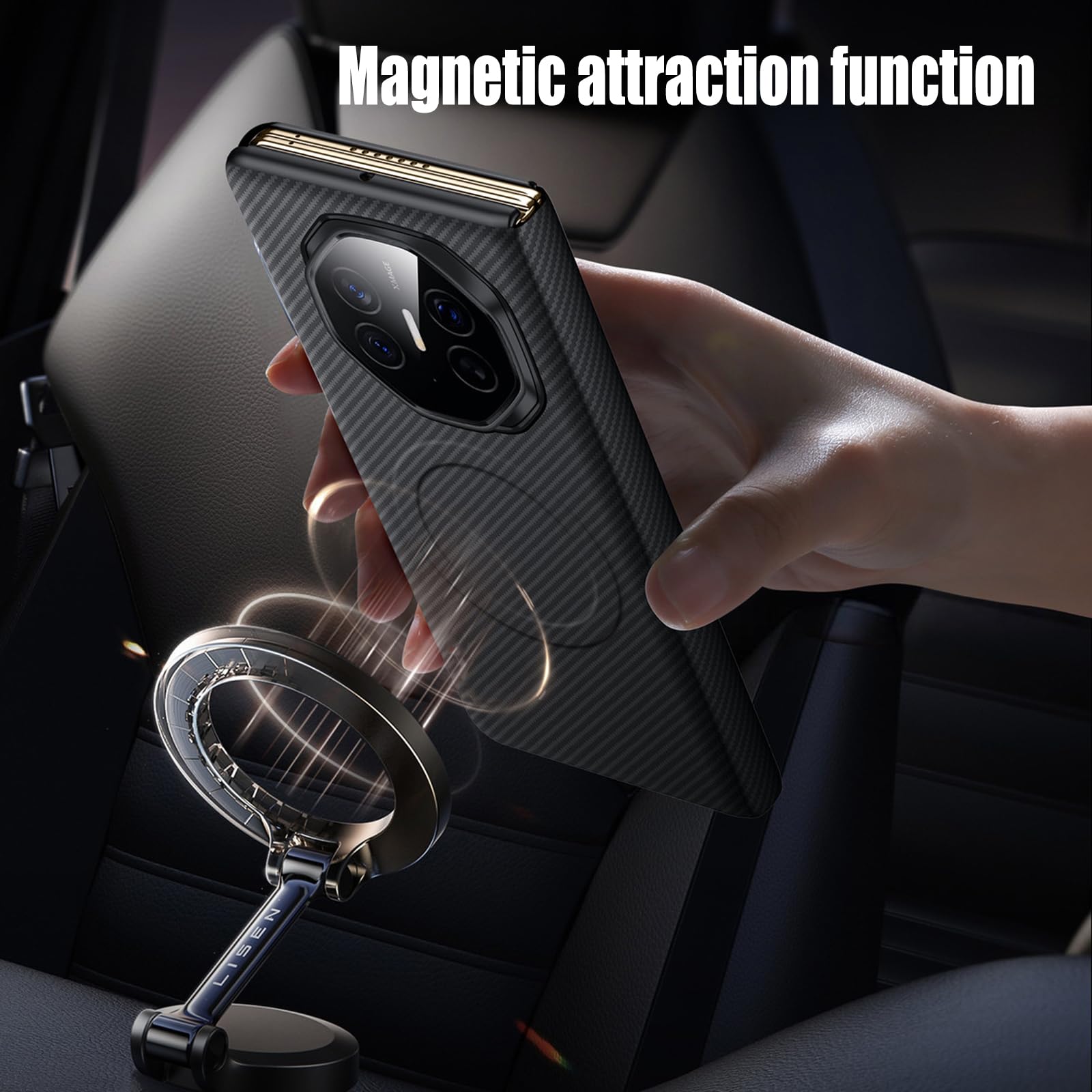Magnetyczne skórzane etui do Huawei Mate XT, funkcja inteligentnego widoku okna, etui z klapką, tekstura włókna węglowego, wszechstronna obudowa, niebieska, Mate XT