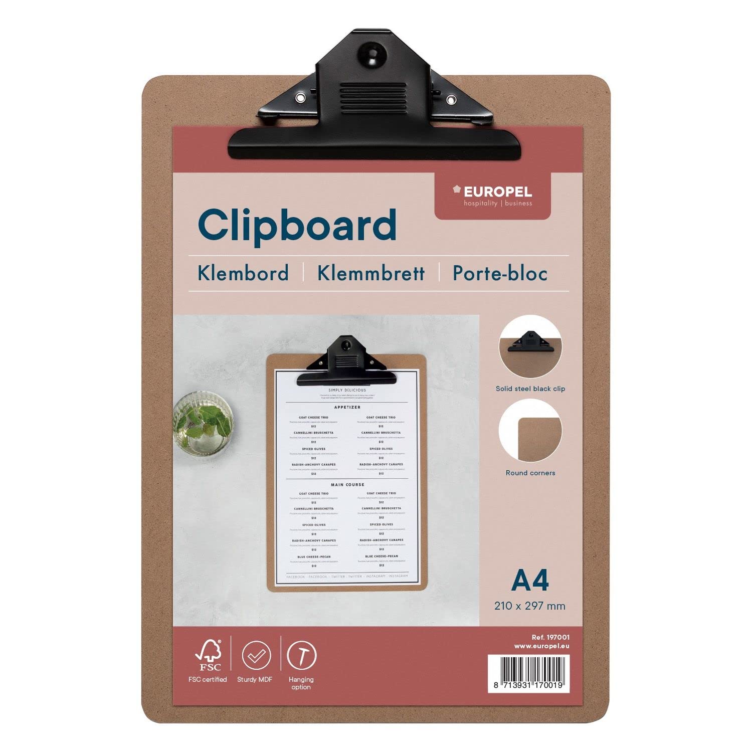 Europel Houten klembord - duurzaam houten hardboard met zwarte metalen clip en verborgen ophanggat - A5-karton voor schoolklaslokaal, kantoor, bedrijf, restaurant, magazijn, 197002, bruin Europel Houten klembord - duurzaam houten hardboard met zwarte metalen clip en verborgen ophanggat - A5-karton voor schoolklaslokaal, kantoor, bedrijf, restaurant, magazijn, 197002, bruin