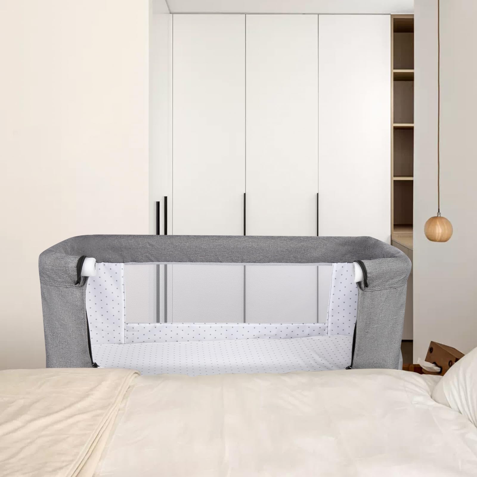 HUOLE Lit Cododo Bébé 0-6 Mois avec Roues Intégrés, 2en 1 Lit bébé Berceau Cododo,Berceau Cododo avec Matelas et Moustiquaire,80 * 40 * 100-115 cm (6 Niveaux de Hauteur) - Lin