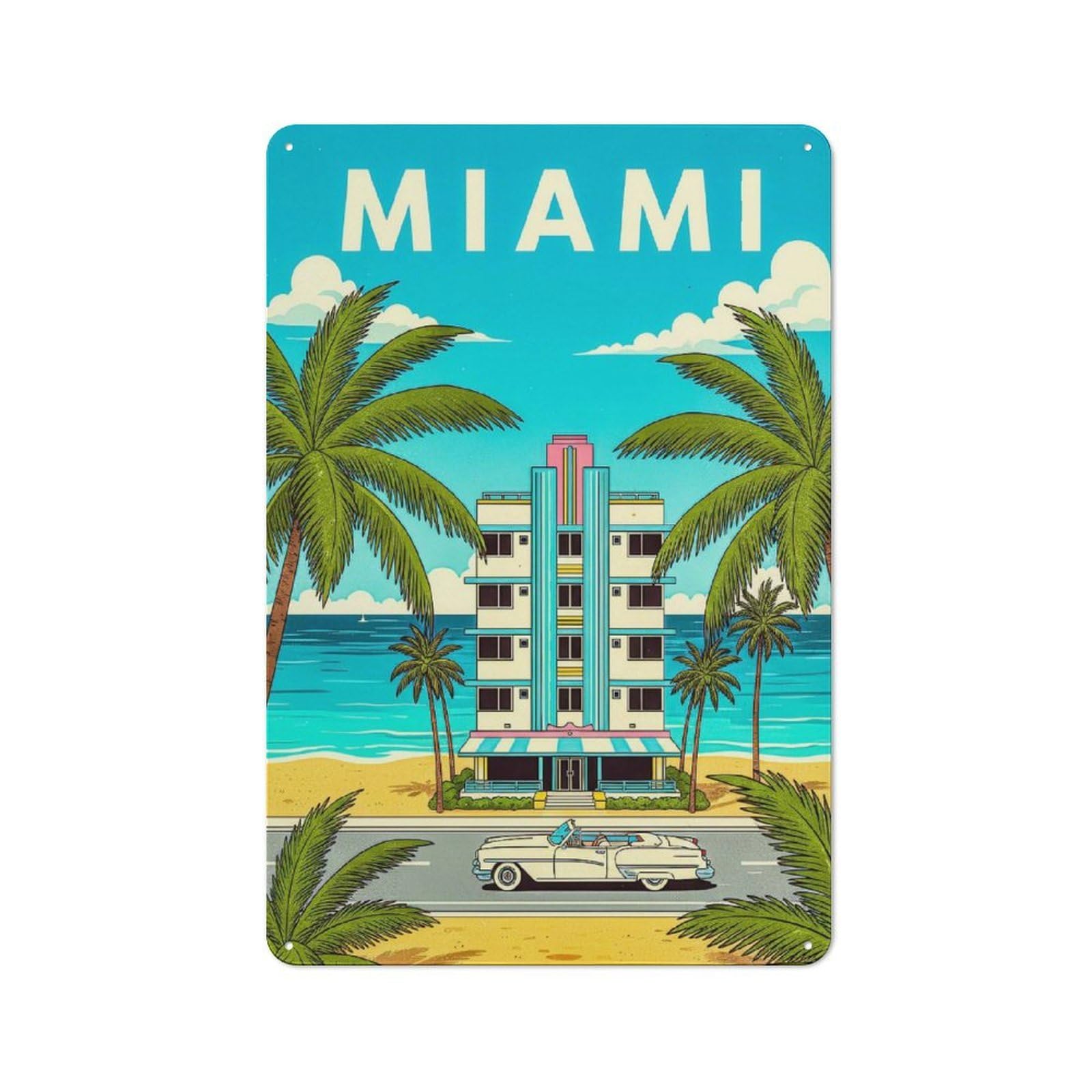 Junmoney Style-1 Tin Wall Plaque 30X20cm With Miami Art Deco Travel (3) For Guest Room Or Hallway, For Updating Guest Room And Hallway After Moving